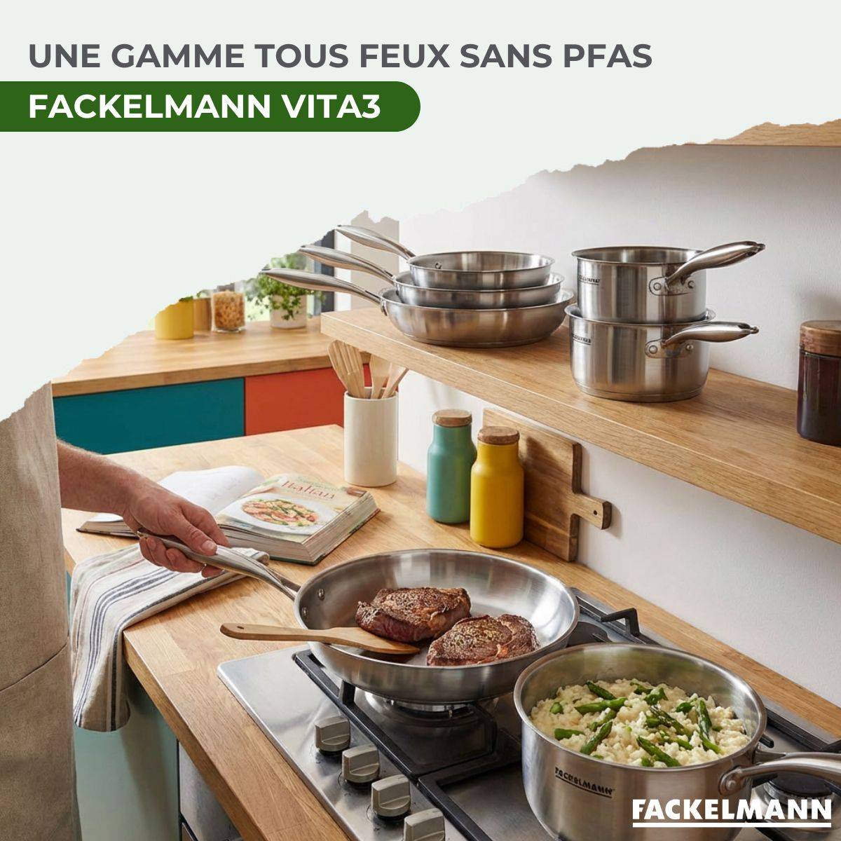 Batterie de cuisine avec 2 poêles 24/26 cm et 3 casseroles 14/18 cm en inox sans PFAS Fackelmann Vita3 - Image 2