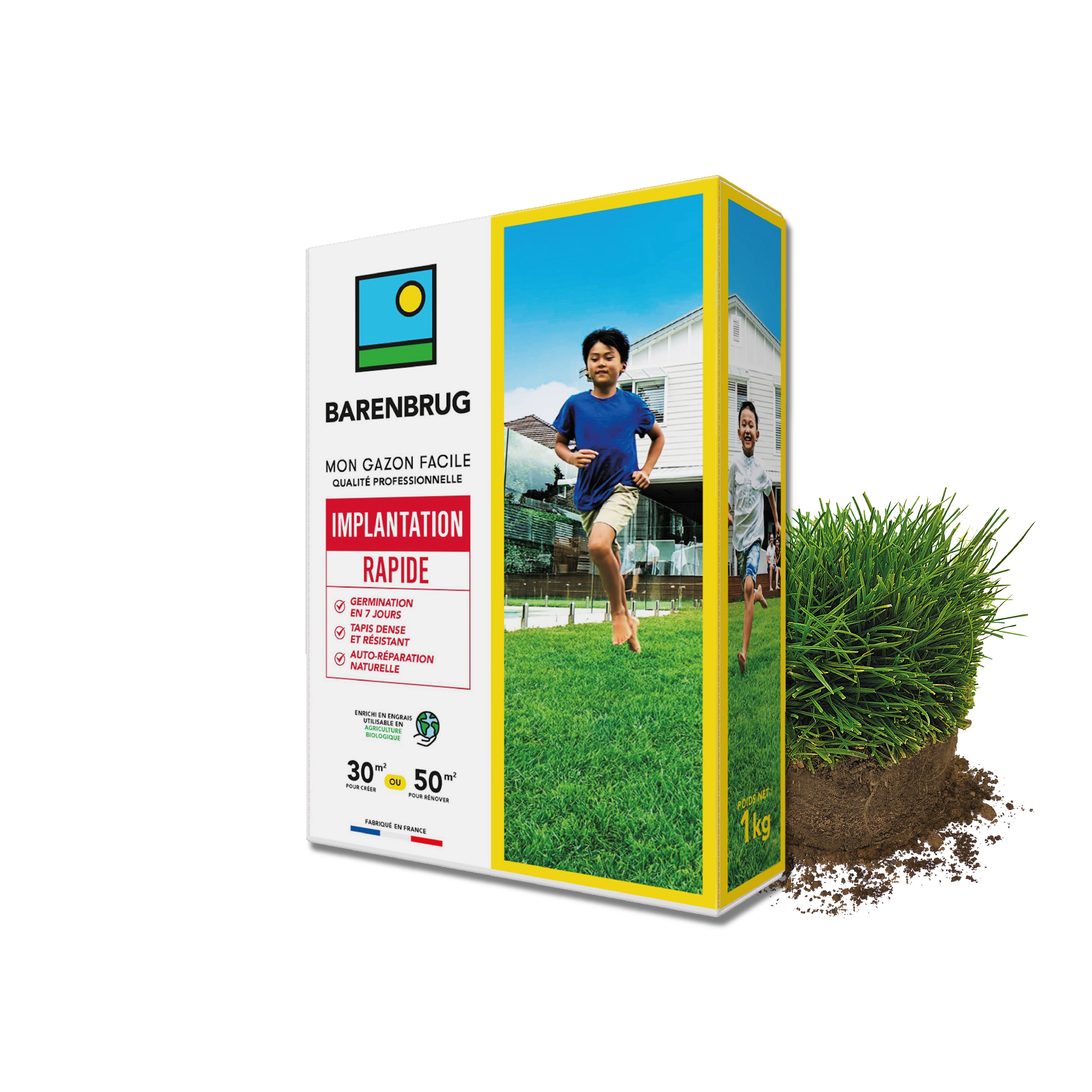 Barenbrug - Gazon Implantation Rapide - Germination en 7 Jours - Tapis Dense et Résistant - Autoréparation Naturelle - 1KG - BARENBRUG - Image 1