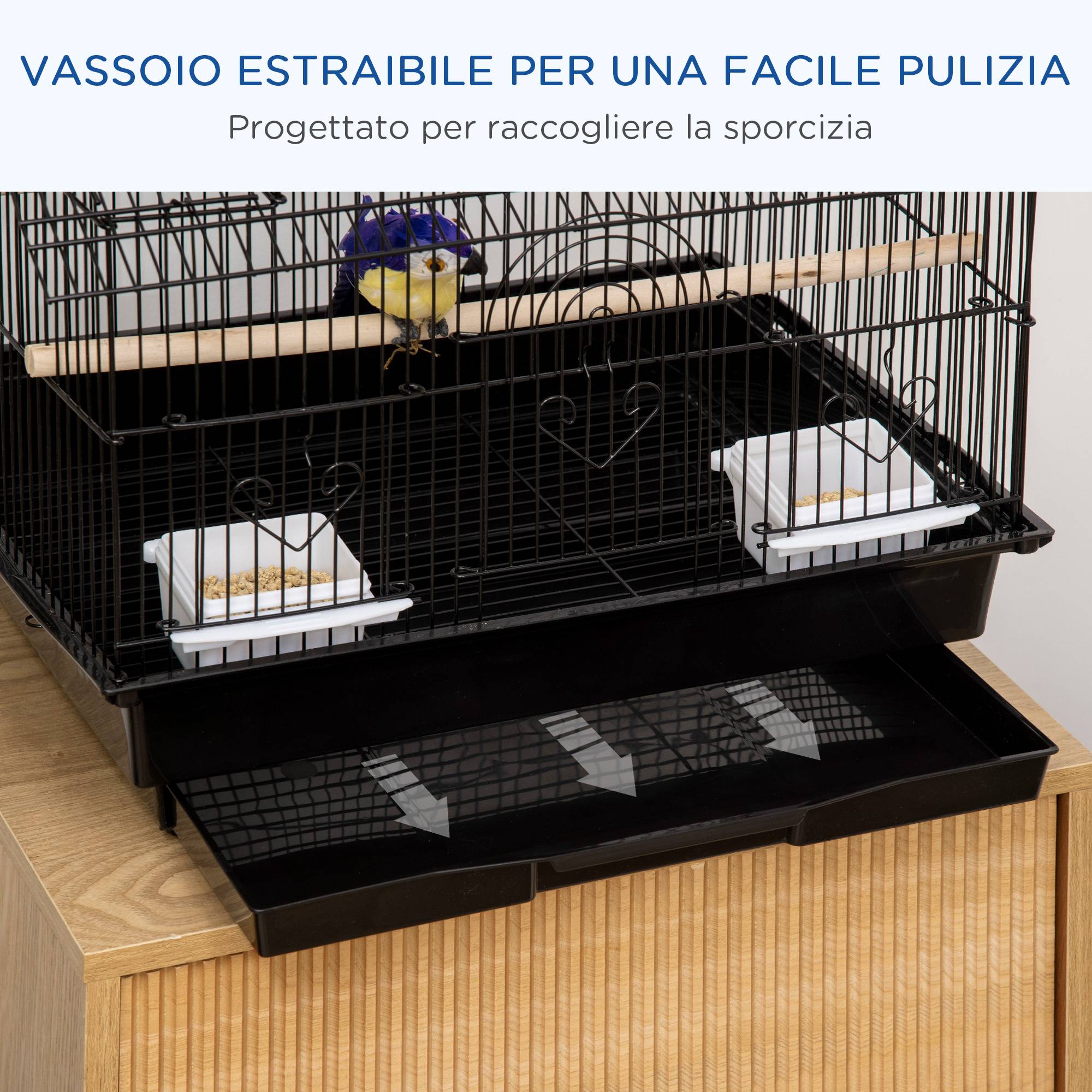 Cage pour oiseaux avec poignée de transport et bac amovible, en métal et plastique, 50,5x41x63 cm, noir - Image 7