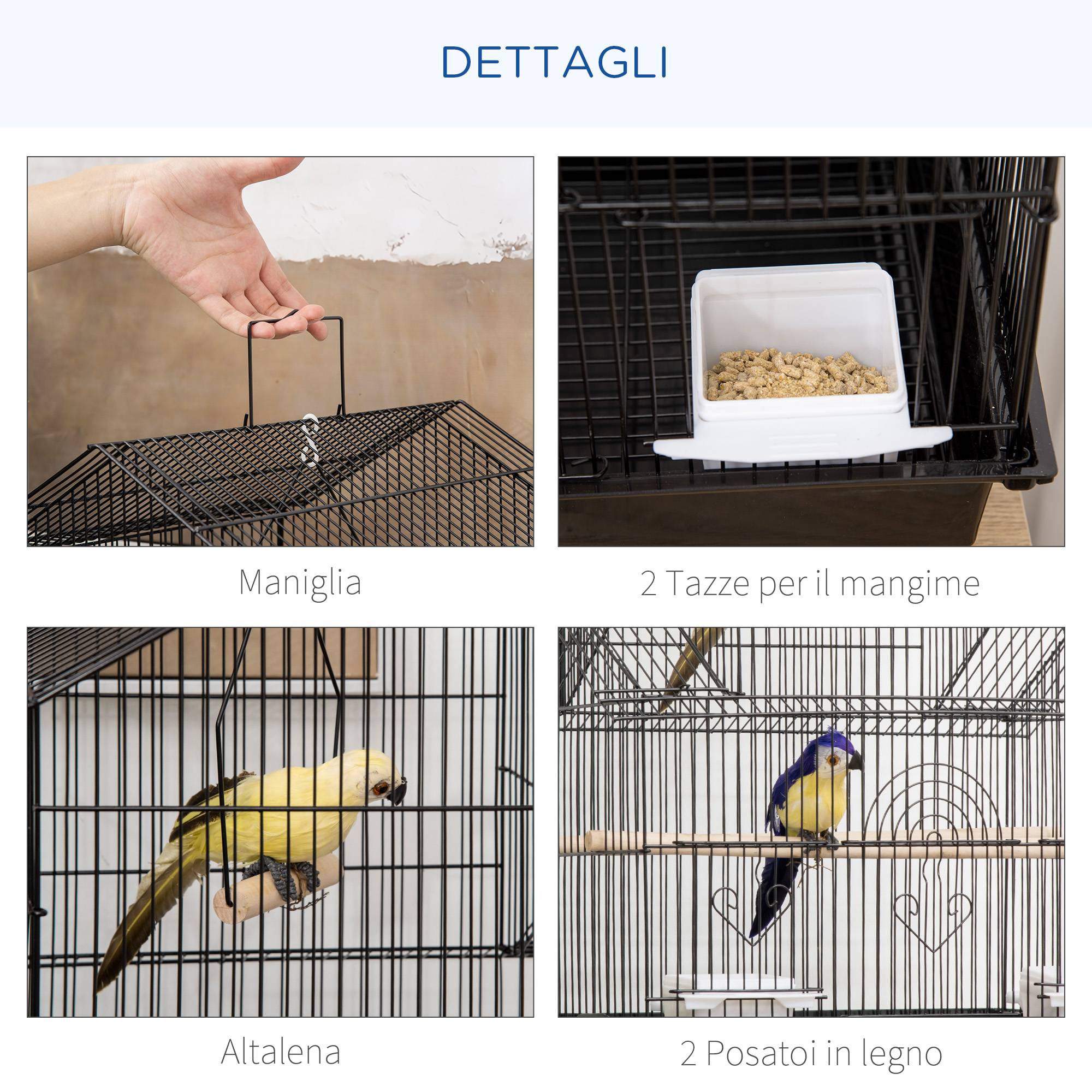 Cage pour oiseaux avec poignée de transport et bac amovible, en métal et plastique, 50,5x41x63 cm, noir - Image 6