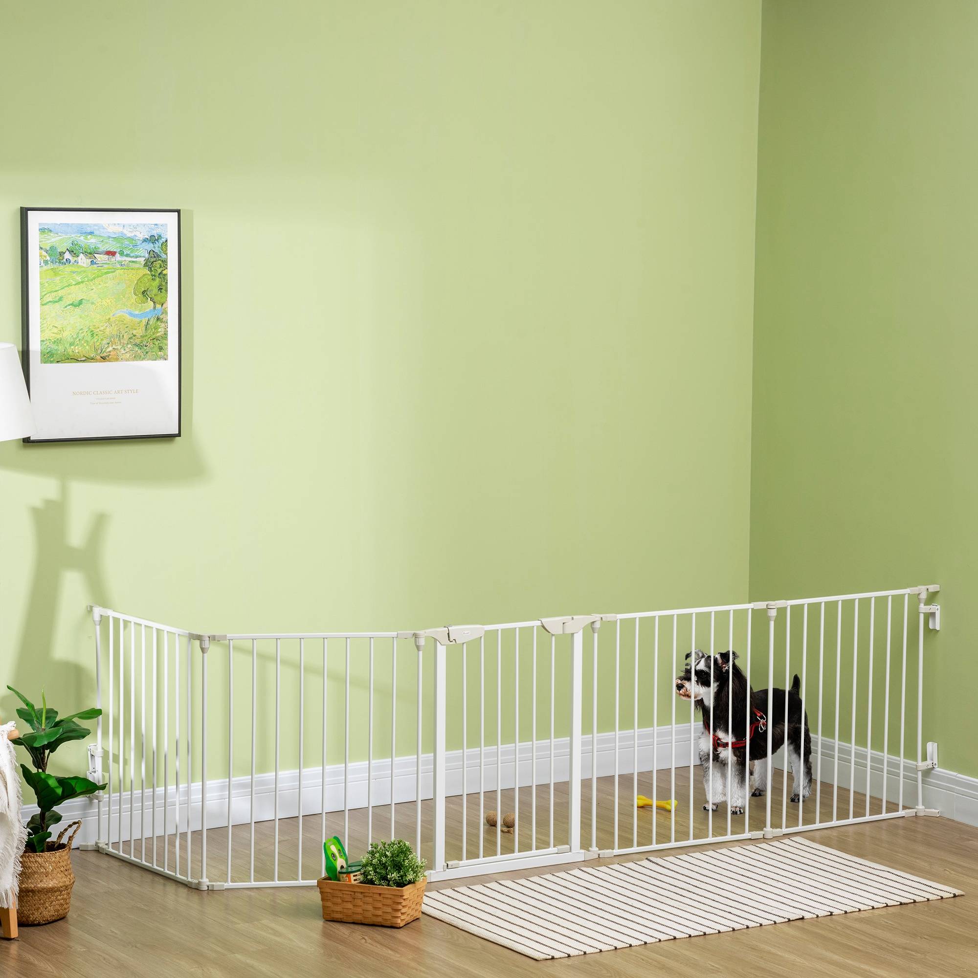 Barrière de sécurité pliable à 5 panneaux pour animaux de compagnie, 300 cm, avec verrouillage intelligent, pour escaliers et couloirs, blanche. - Image 10