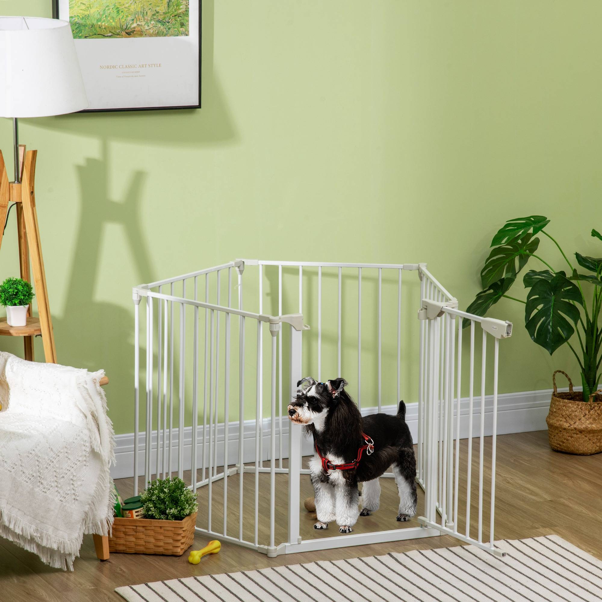 Barrière de sécurité pliable à 5 panneaux pour animaux de compagnie, 300 cm, avec verrouillage intelligent, pour escaliers et couloirs, blanche. - Image 4