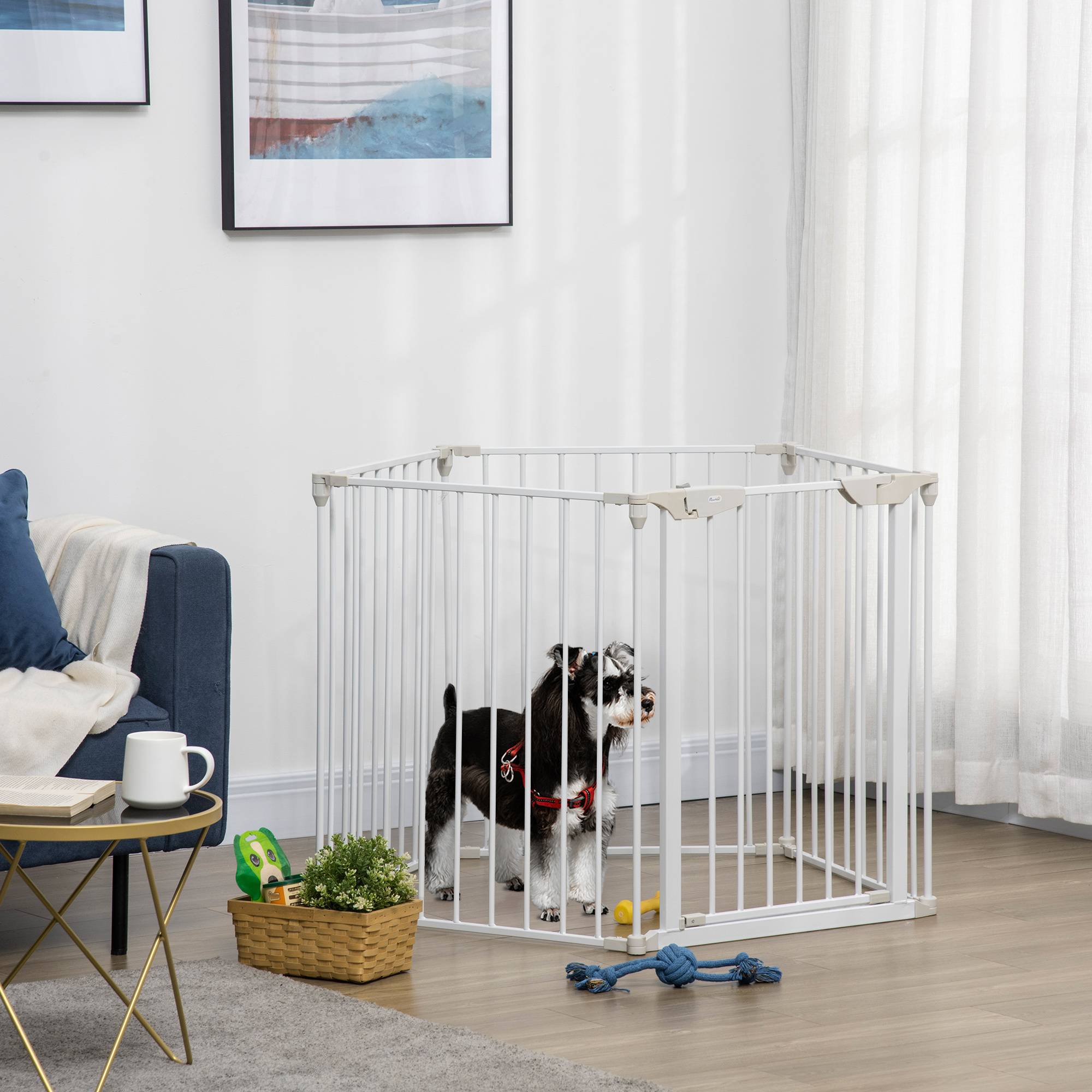 Barrière de sécurité pliable à 5 panneaux pour animaux de compagnie, 300 cm, avec verrouillage intelligent, pour escaliers et couloirs, blanche. - Image 3