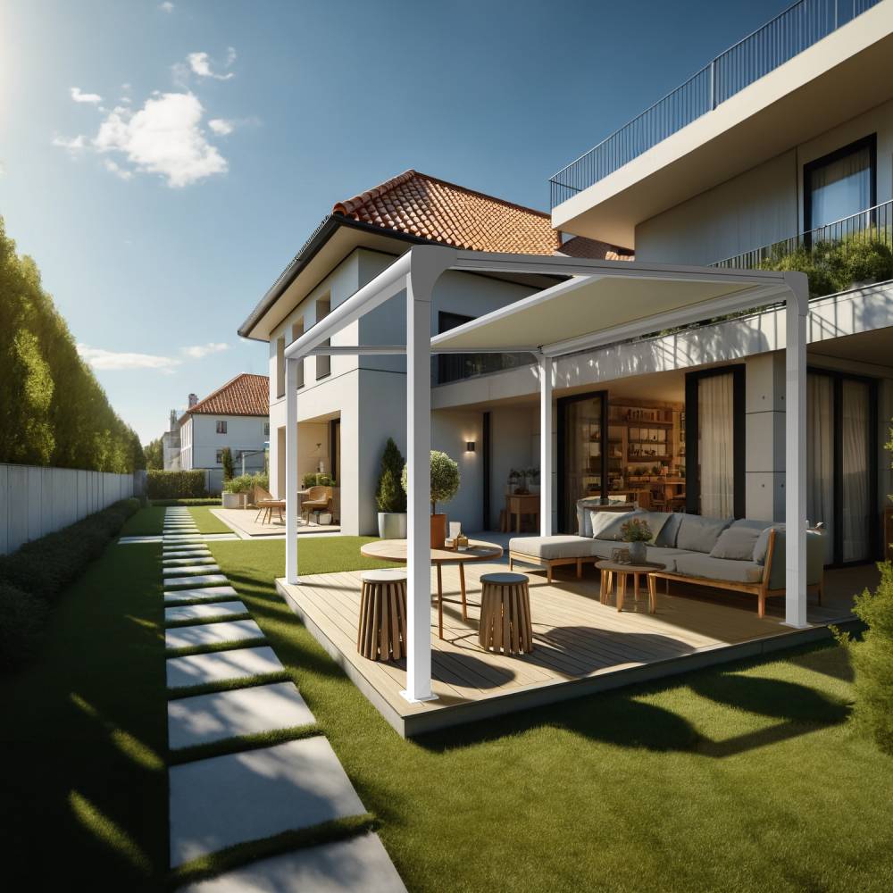 Pergola toile TILA îlot 4,00x3,50m Motorisé à télécommande + manœuvre de secours (Ecru - Blanc) - Alia Productions - Imagen 2