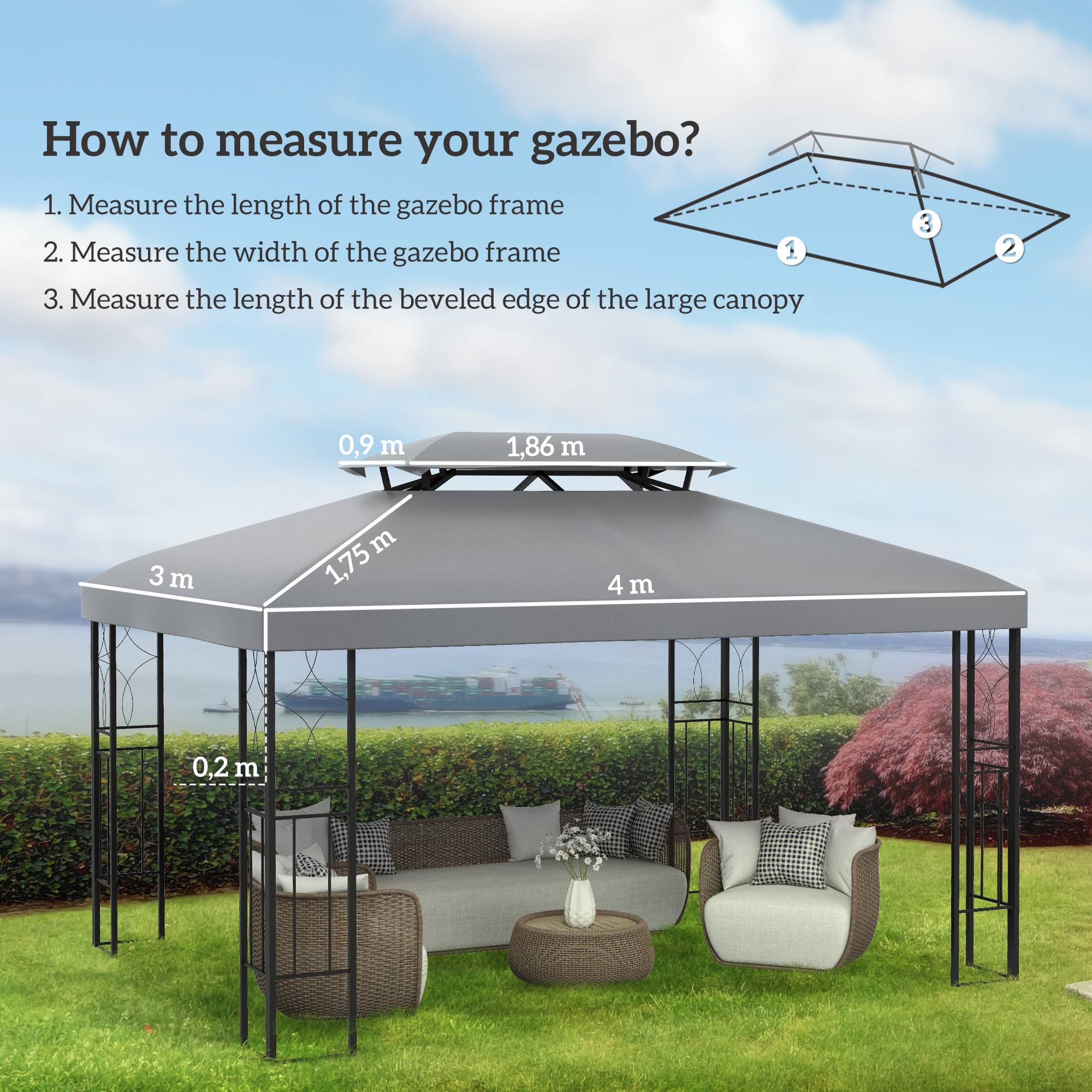 Outsunny - Toile de rechange pour pavillon tonnelle tente 3x4m polyester haute densité 180g/m² gris clair - Outsunny - Imagen 3