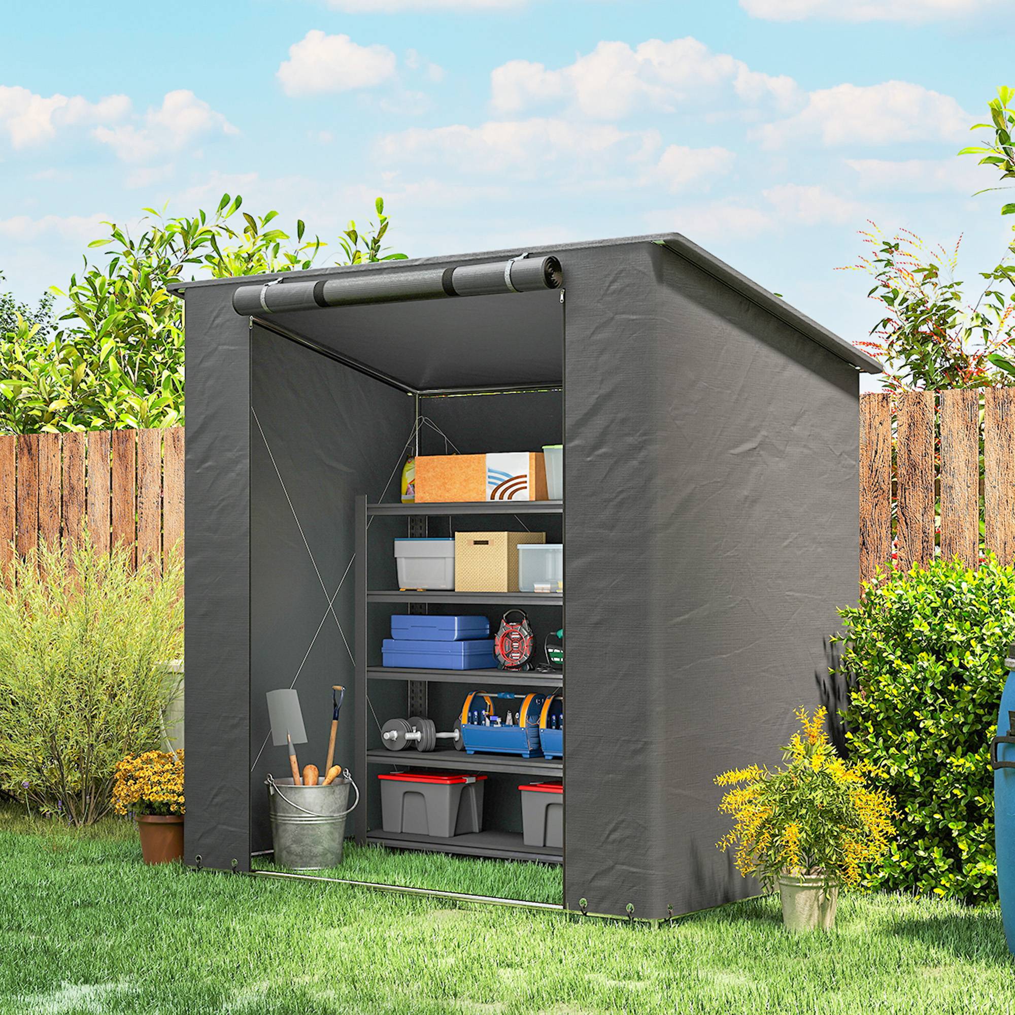 Tente garage 1,9x1,2m étanche avec porte rouleau zip fenêtre aération gris foncé - Image 4