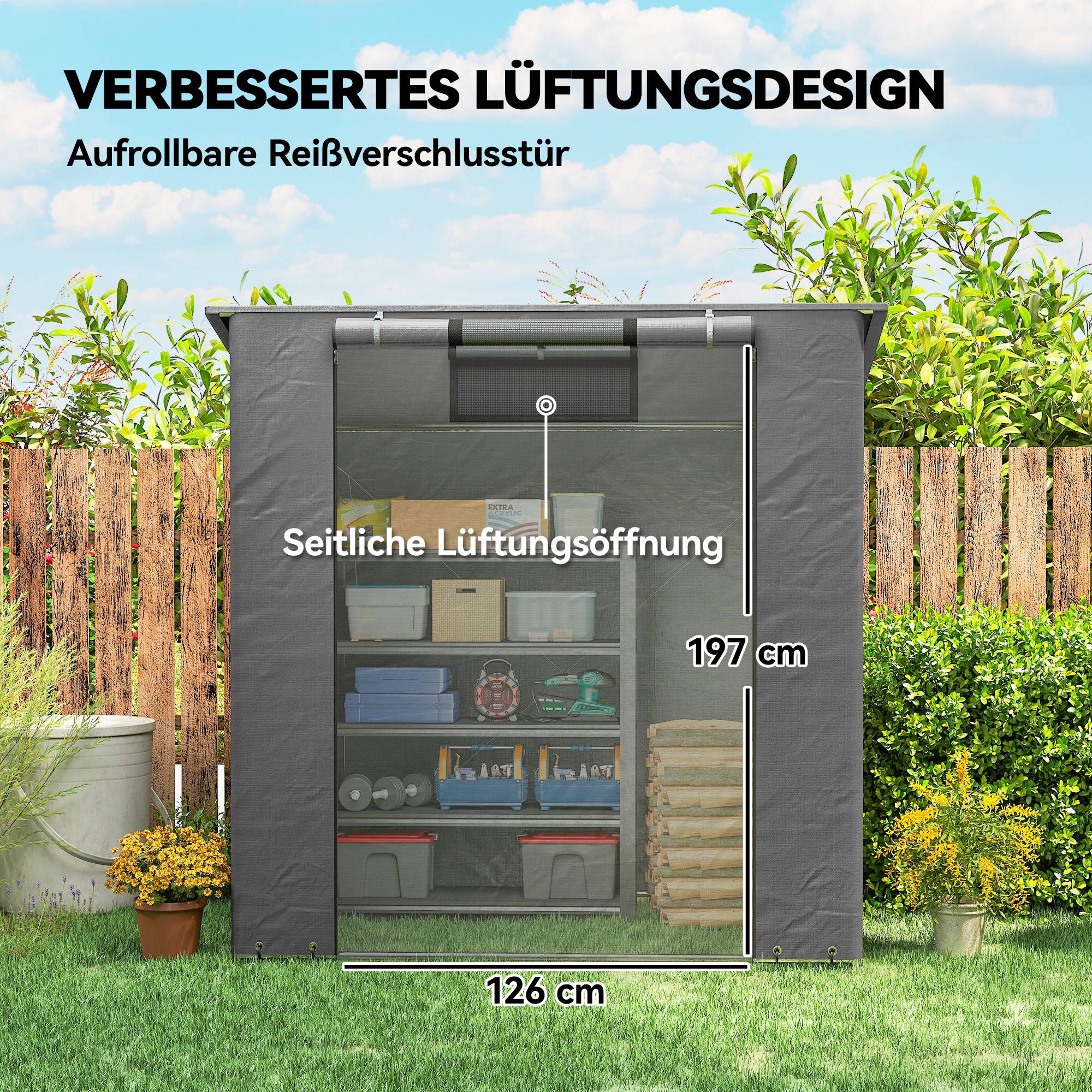 Tente garage 1,9x1,2m étanche avec porte rouleau zip fenêtre aération gris foncé - Image 8