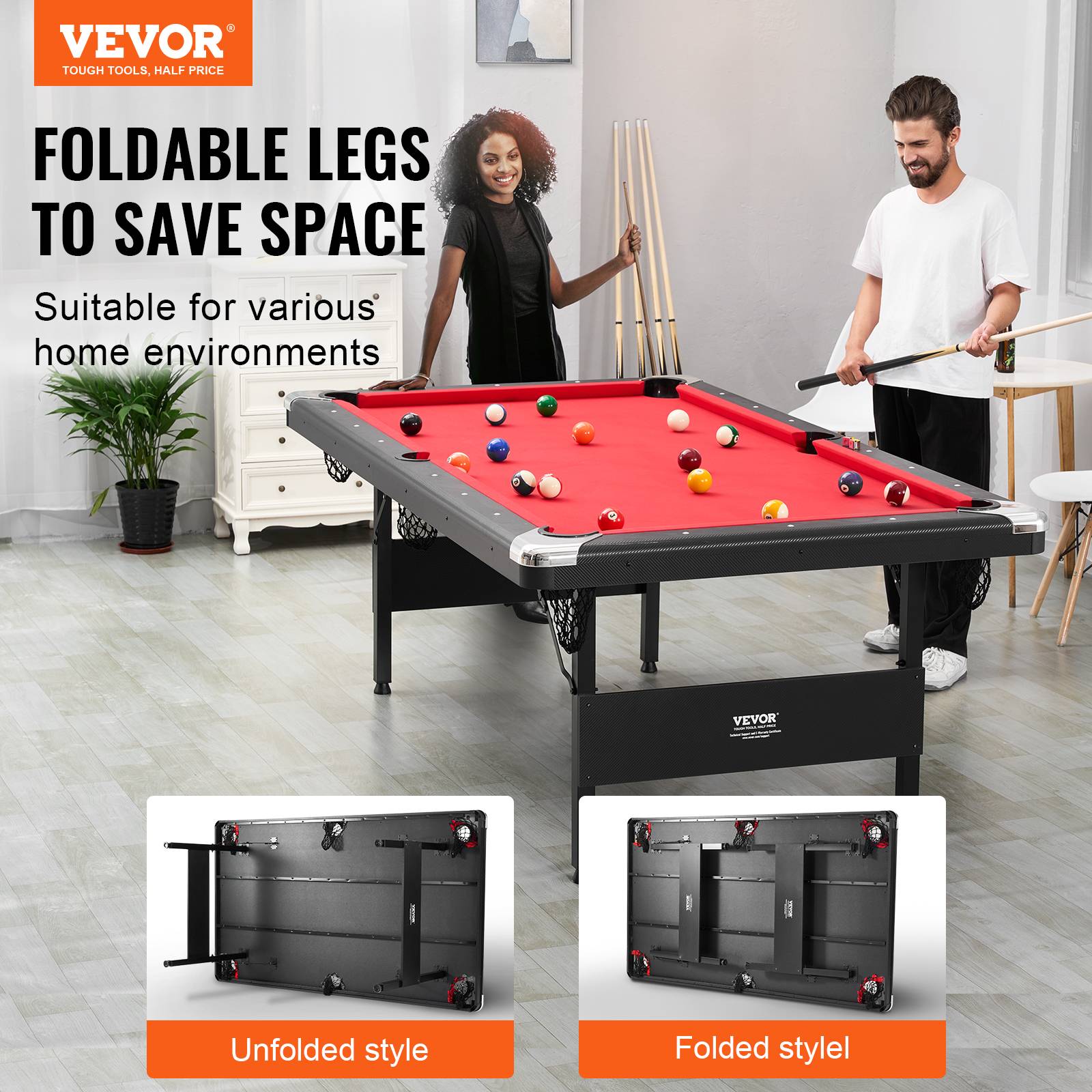 VEVOR Table de billard pliable 213.4cm, kit complet avec accessoires, pour maison, club. - Image 2