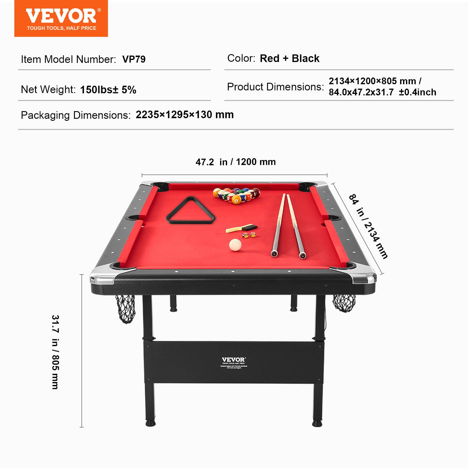 VEVOR Table de billard pliable 213.4cm, kit complet avec accessoires, pour maison, club. - Image 7