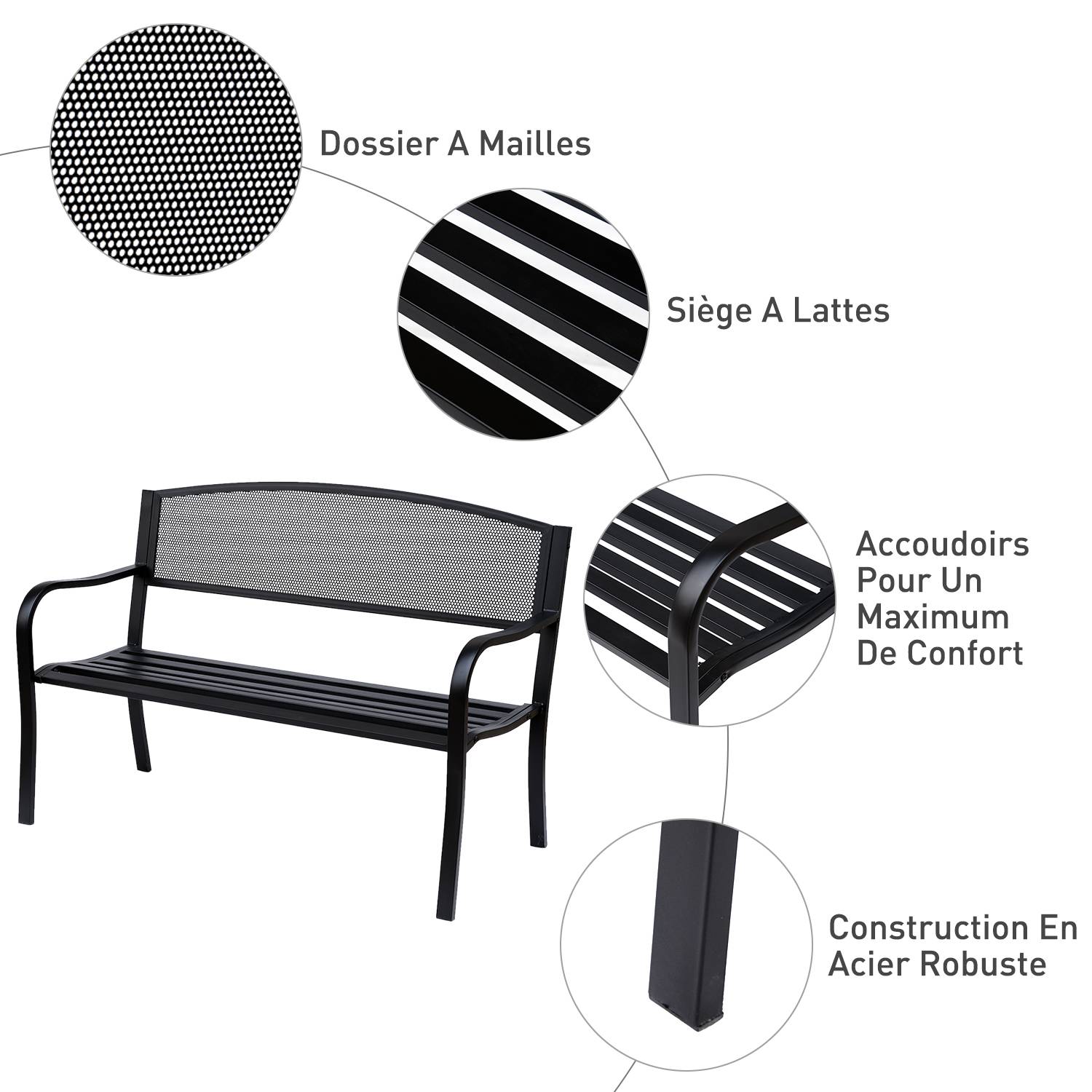 ComfortXL - Banc de Jardin 3 Places Métal Terrasse Balcon Assise Profonde 127x60x87cm Noir - ComfortXL Outdoor Living - Image 6