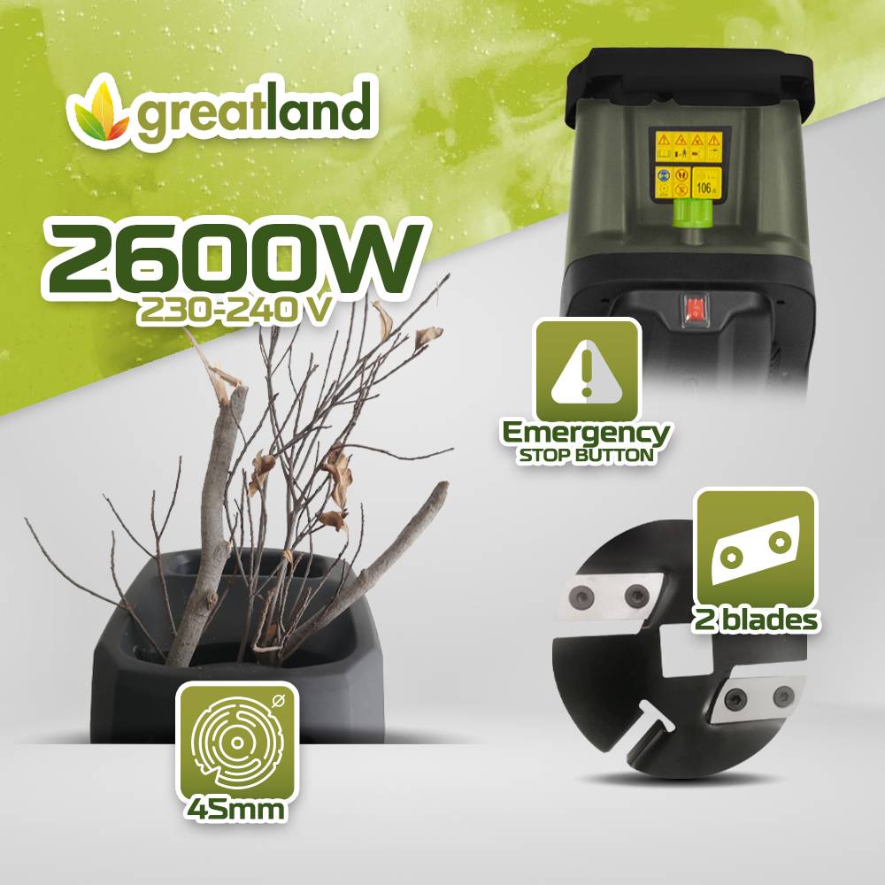 Greatland - Broyeur de végétaux électrique 2600W avec sac récupérateur de 45L - Image 4