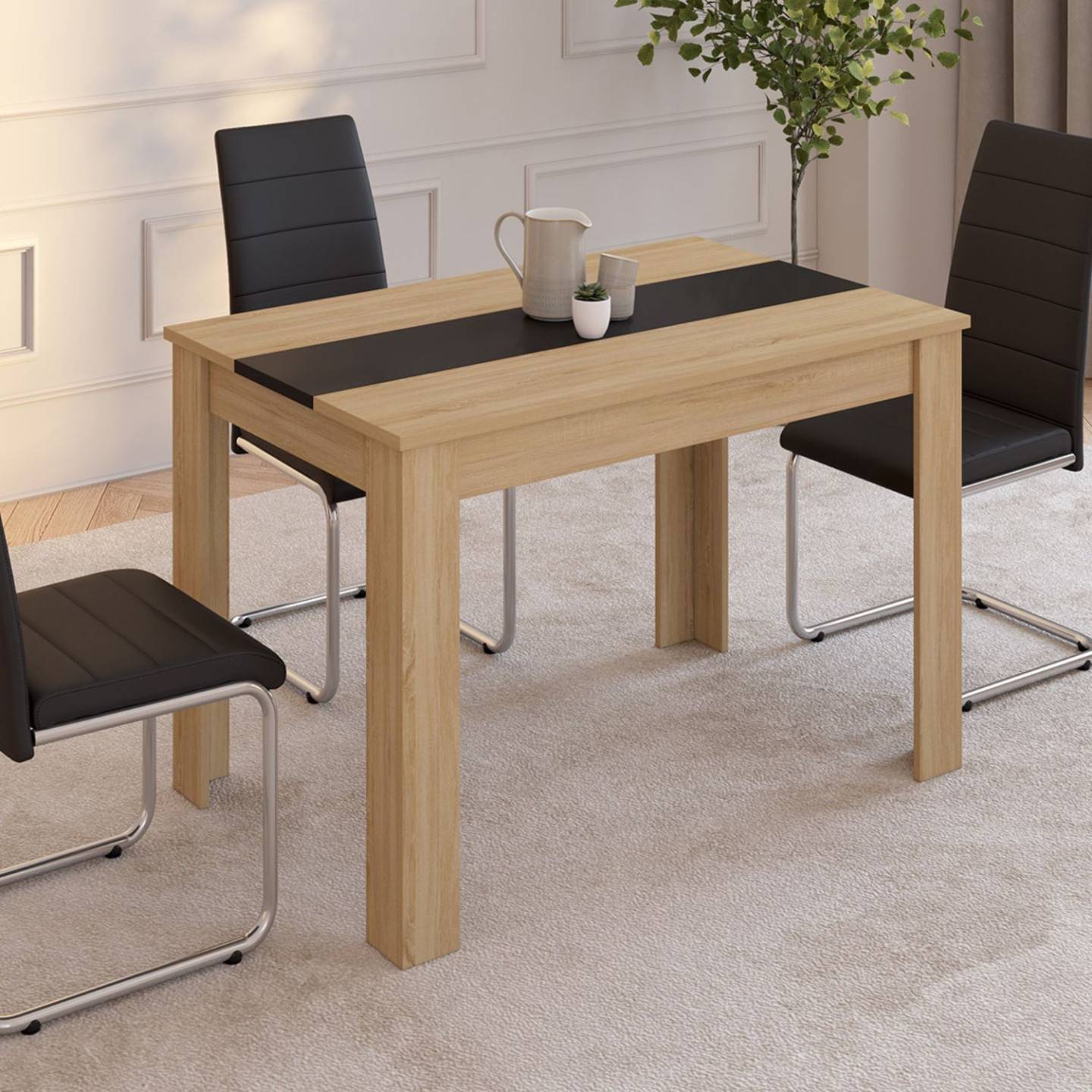 Table à manger rectangle ROZY 4 personnes façon hêtre et noire 110 cm - Image 1