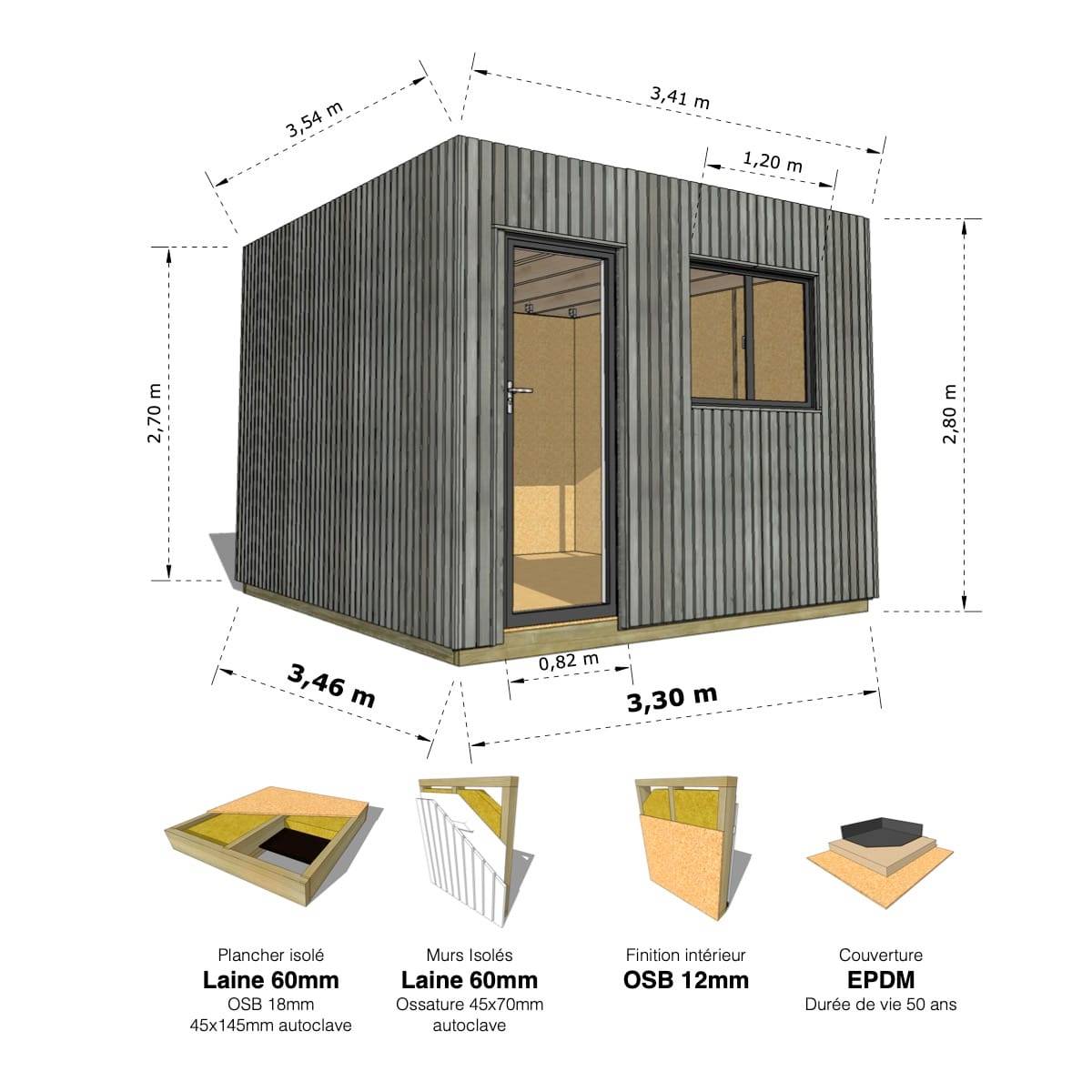 Sans Marque - STUDIO DE JARDIN / 11,8 m2 - 3,35 x 3,52m / Plancher isolé / Bardage Gris / Intérieur OSB / Livraison Gratuite / Studio Français - Imagen 1
