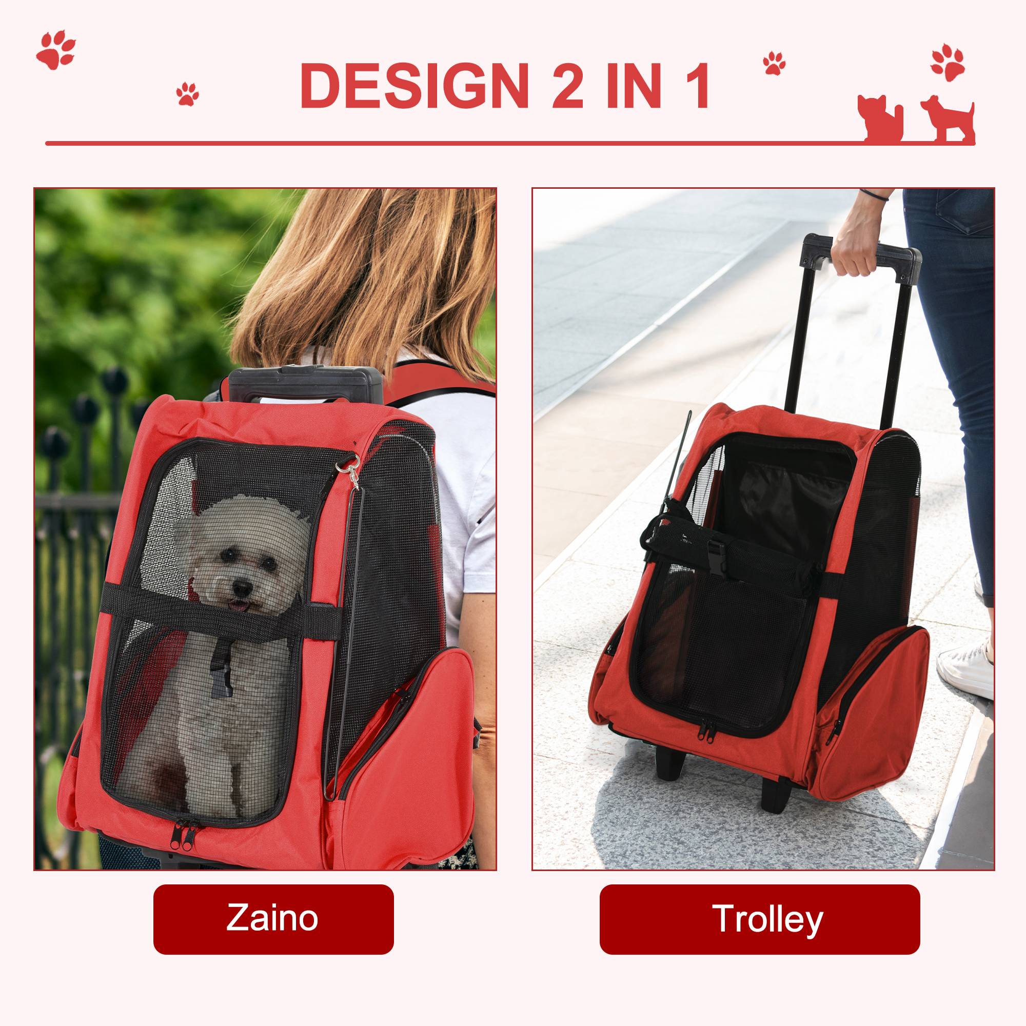 Sac à dos de transport trolley pour chien chat en métal Oxford aéré rouge 55cm - ComfortXL Outdoor Living - Image 6