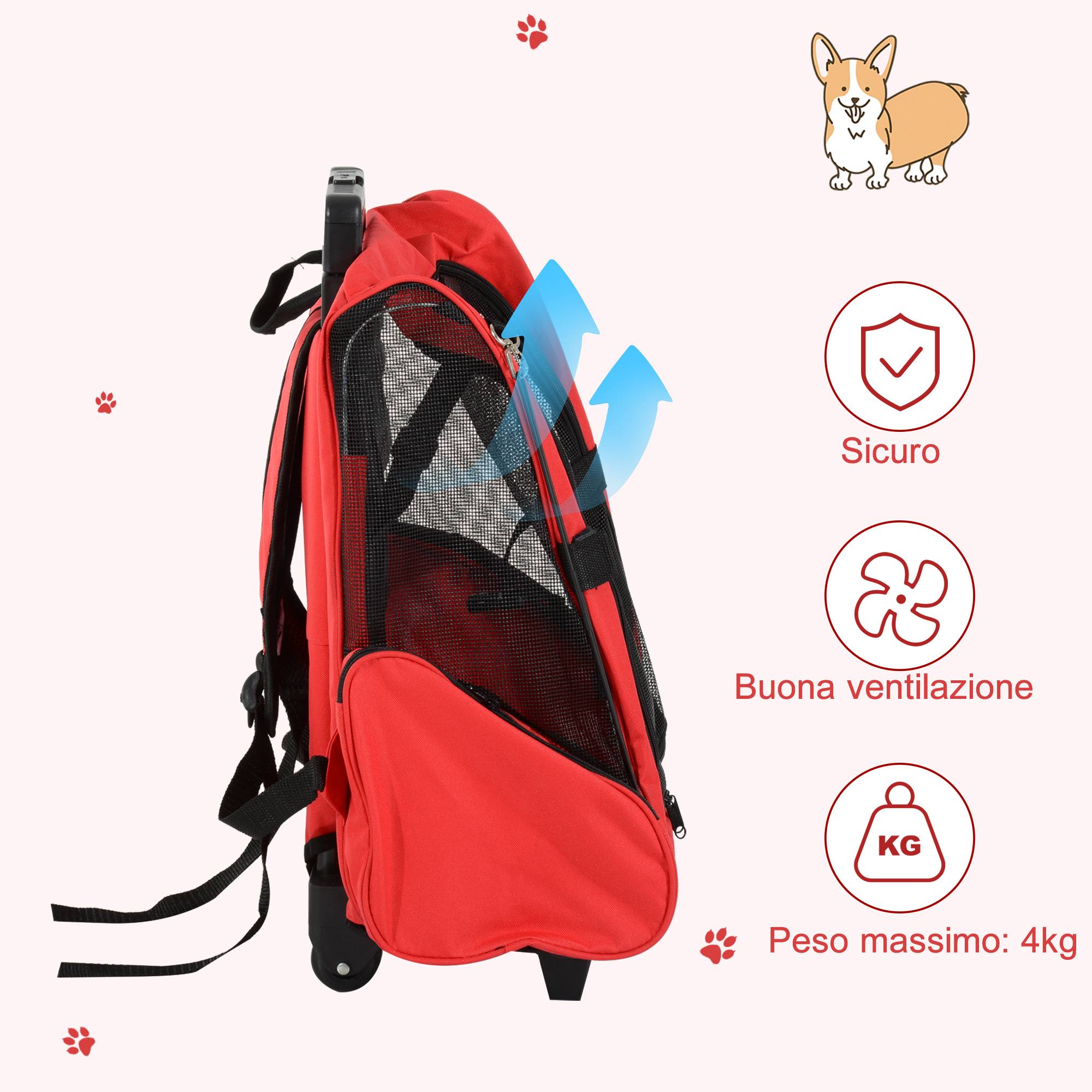 Sac à dos de transport trolley pour chien chat en métal Oxford aéré rouge 55cm - ComfortXL Outdoor Living - Image 9