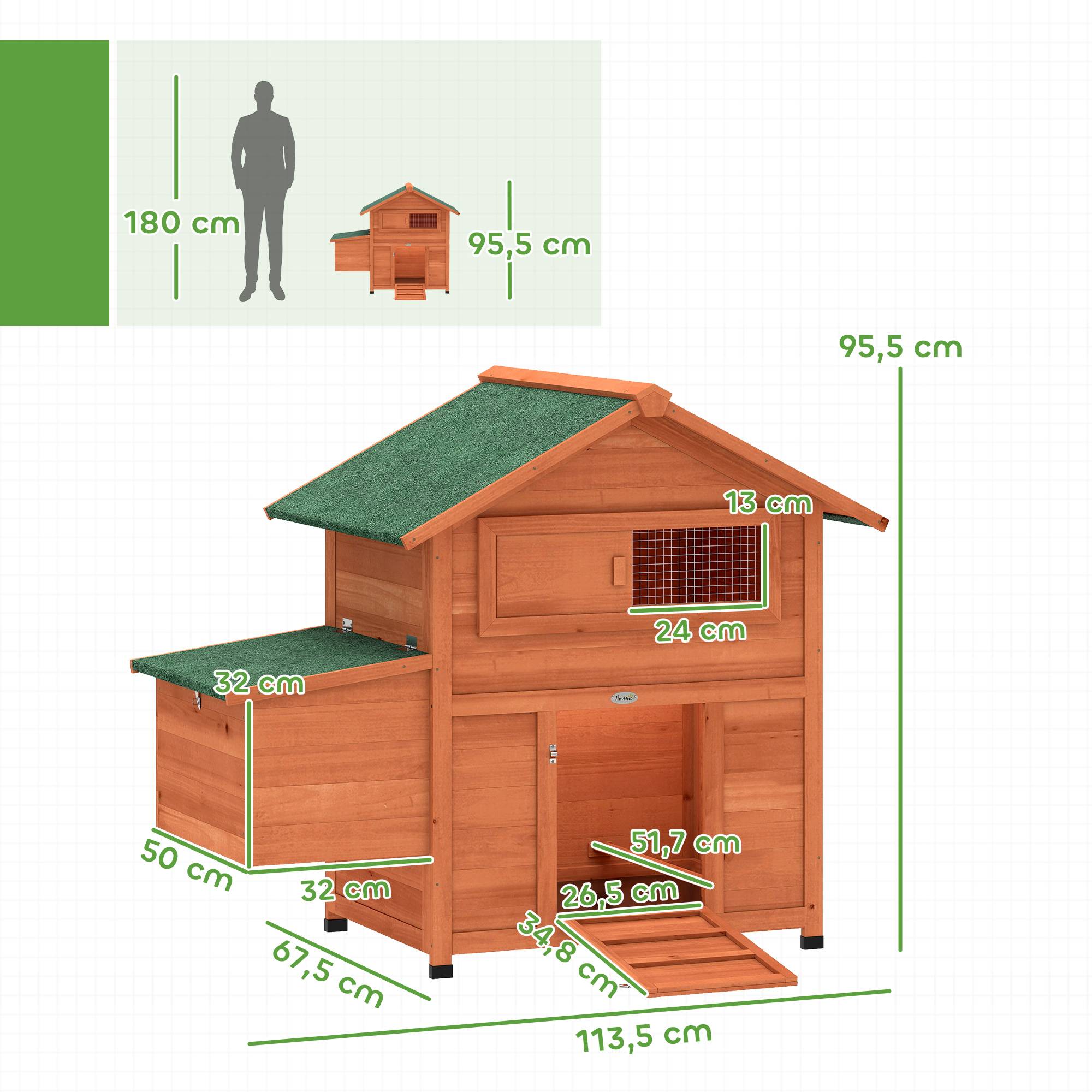 Poulailler en bois avec pondoir, 2 perchoirs, rampe, fenêtre, toit étanche, 113,5 x 67,5 x 95,5 cm, orange - Image 5