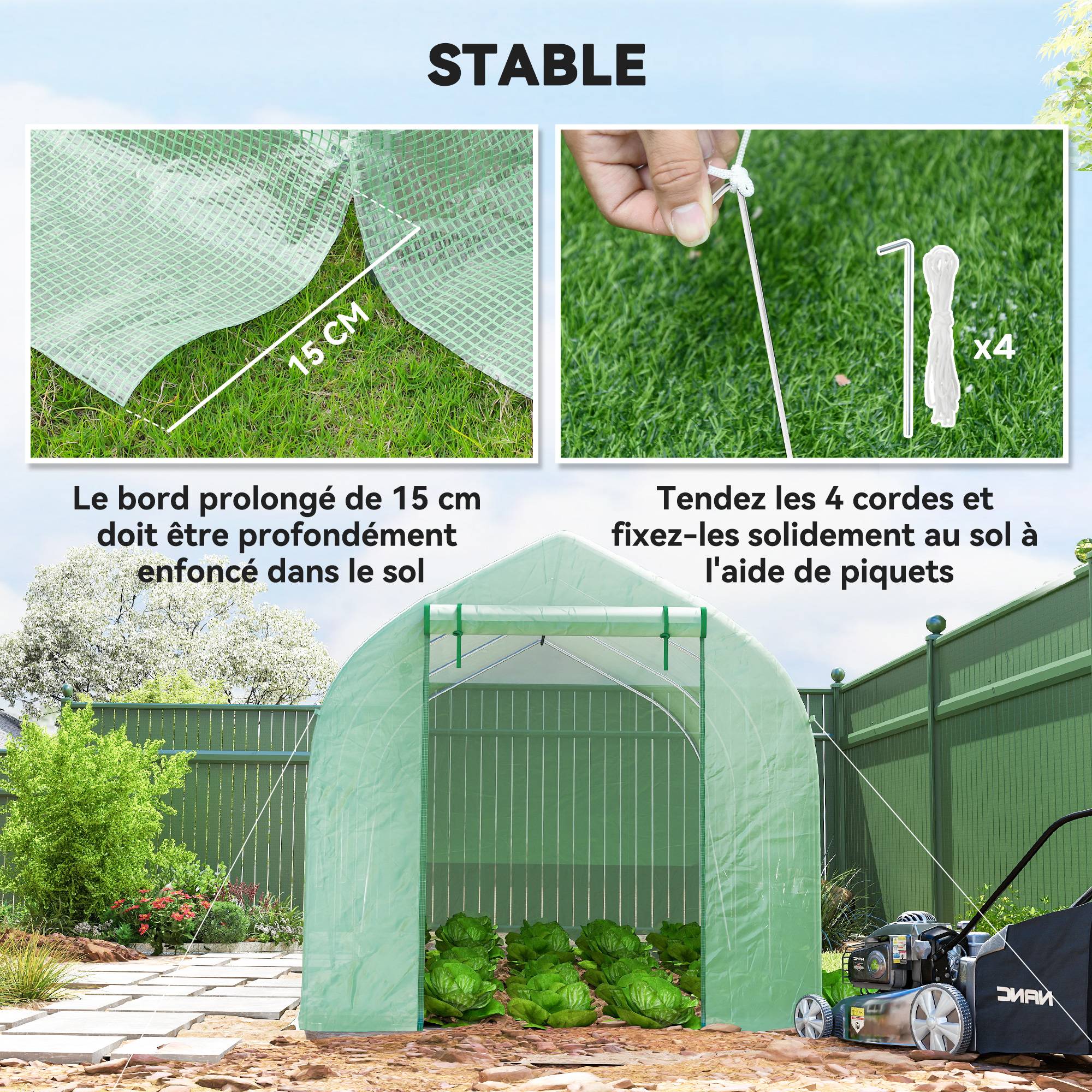 Serre tunnel de jardin 8m², serre de jardin tunnel avec 1 porte et 6 fenêtres, bâche PE 140g/m² 400x200x200cm vert - Image 7
