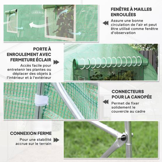 Serre tunnel de jardin 8m², serre de jardin tunnel avec 1 porte et 6 fenêtres, bâche PE 140g/m² 400x200x200cm vert - Image 8