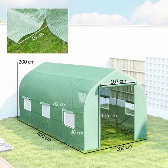 Serre tunnel de jardin 8m², serre de jardin tunnel avec 1 porte et 6 fenêtres, bâche PE 140g/m² 400x200x200cm vert - Image 5