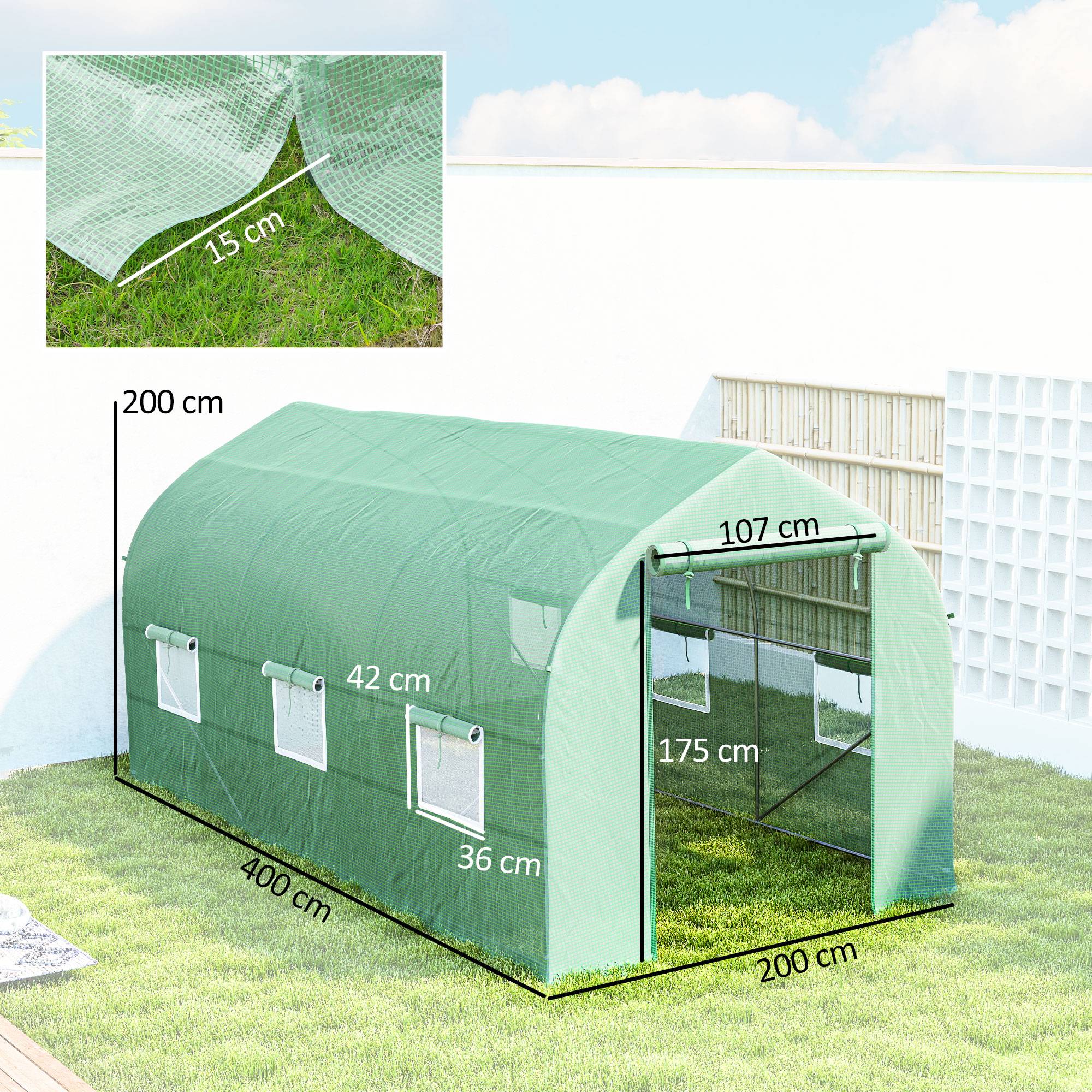 Serre tunnel de jardin 8m², serre de jardin tunnel avec 1 porte et 6 fenêtres, bâche PE 140g/m² 400x200x200cm vert - Image 5