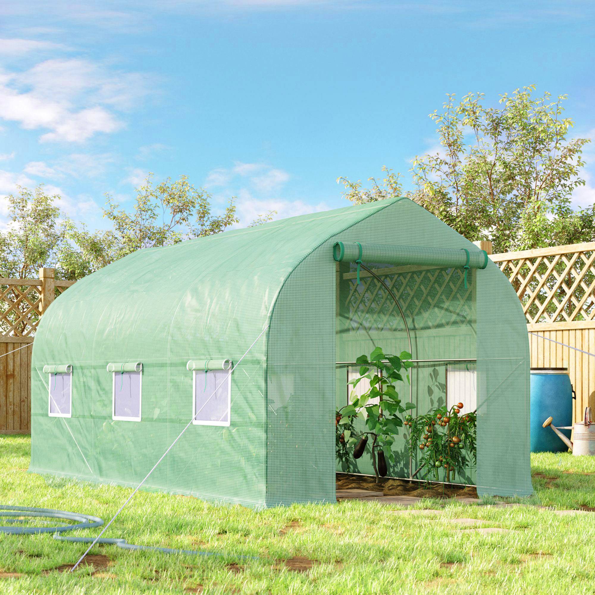 Serre tunnel de jardin 8m², serre de jardin tunnel avec 1 porte et 6 fenêtres, bâche PE 140g/m² 400x200x200cm vert - Image 3