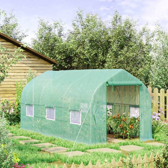 Serre tunnel de jardin 8m², serre de jardin tunnel avec 1 porte et 6 fenêtres, bâche PE 140g/m² 400x200x200cm vert - Image 10