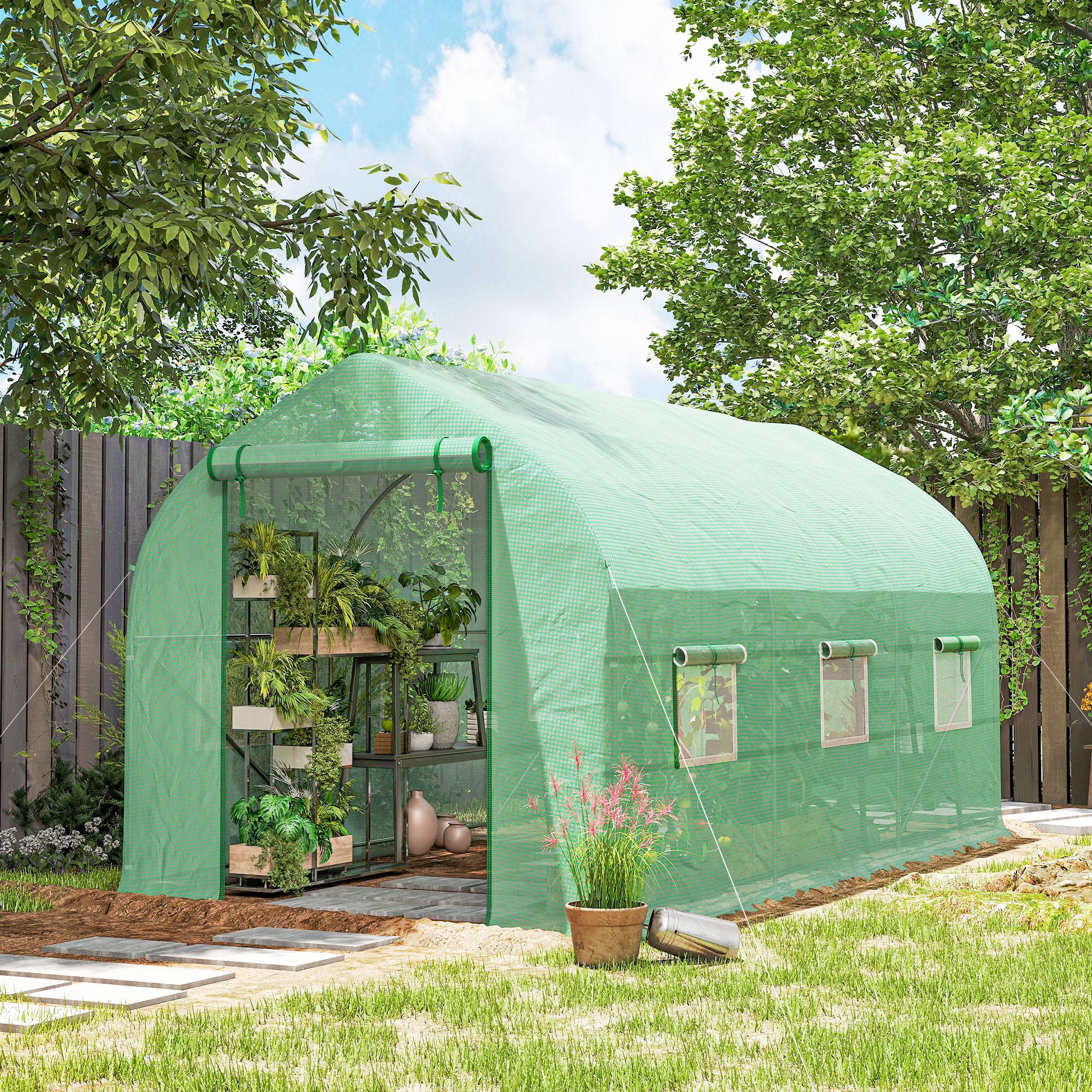 Serre tunnel de jardin 8m², serre de jardin tunnel avec 1 porte et 6 fenêtres, bâche PE 140g/m² 400x200x200cm vert - Image 4