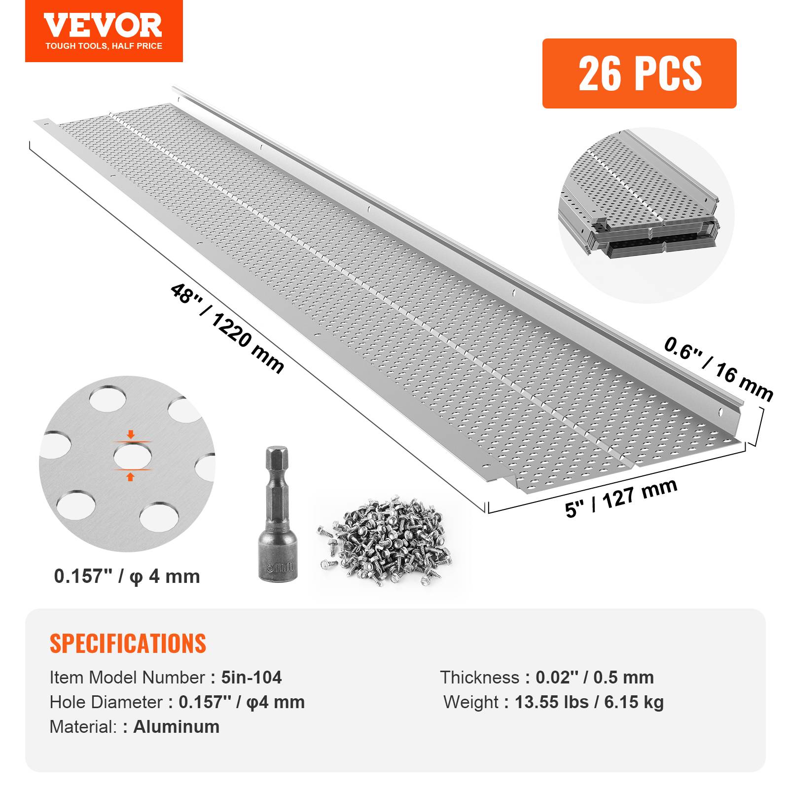 Vevor - VEVOR Grille protection gouttière 127 mm, alu, 26 pièces, longueur totale 31,7 m. Anti-feuilles, trou 4 mm. - Image 7