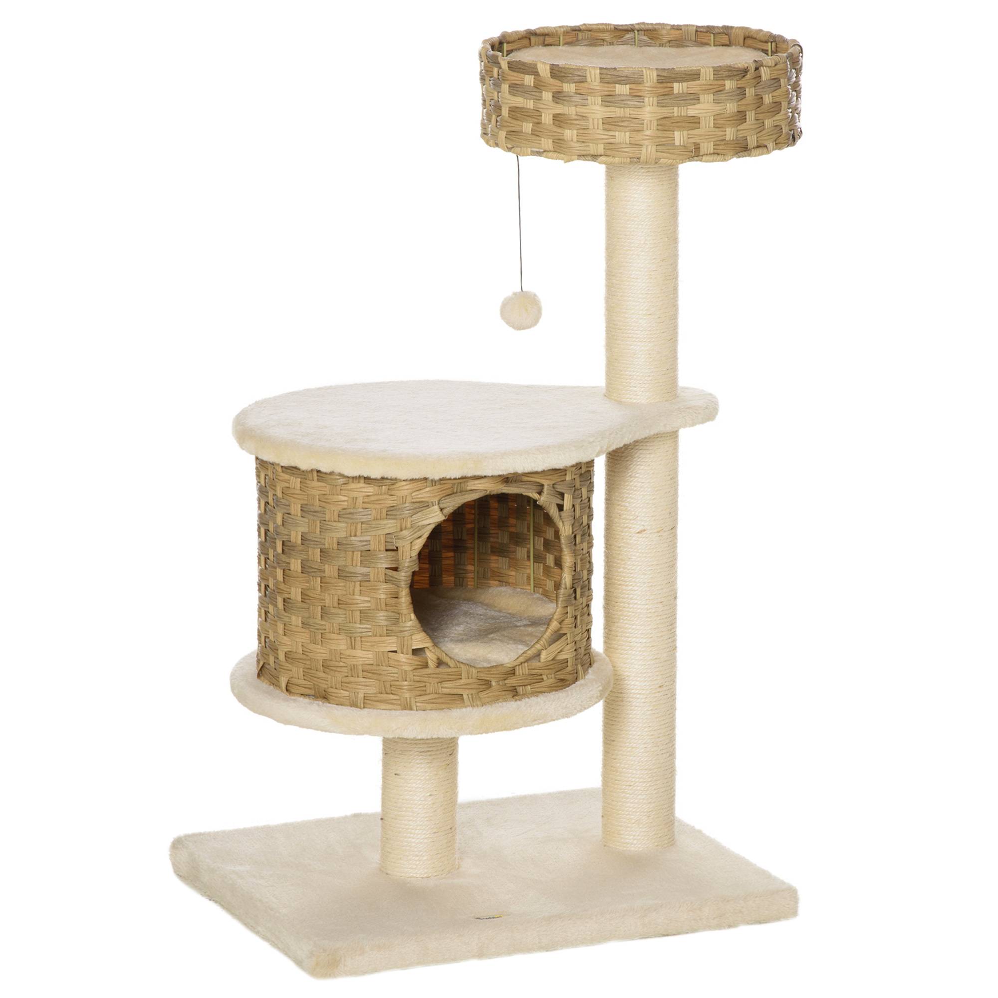 Arbre à chat en rotin avec niche et balle de jeu, pour petits chats, coloris naturel et beige. - Image 1