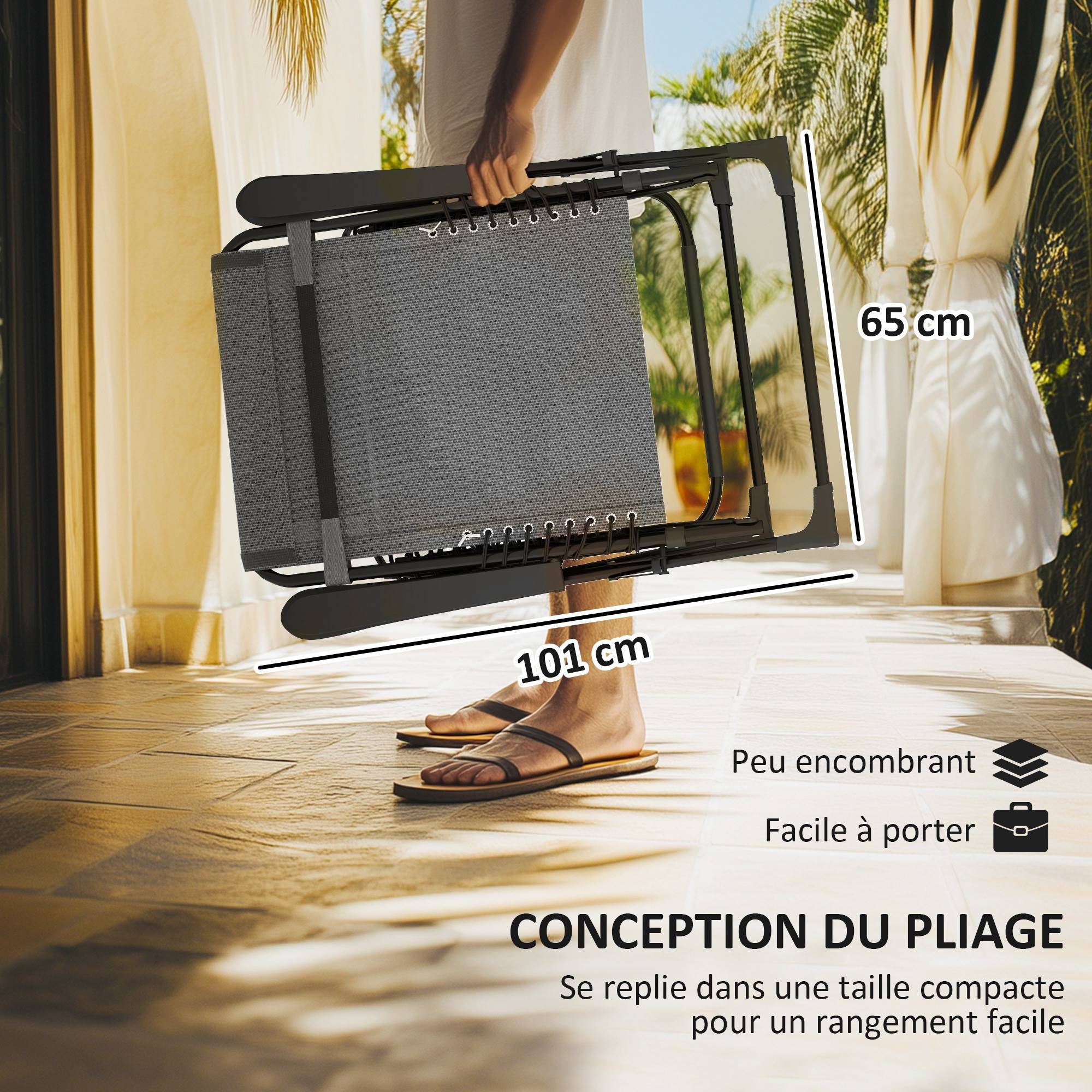 Lot de 2 bains de soleil, chaises longues pliables inclinables avec appui-tête textilène, 90 x 65 x 112 cm, gris - Image 8