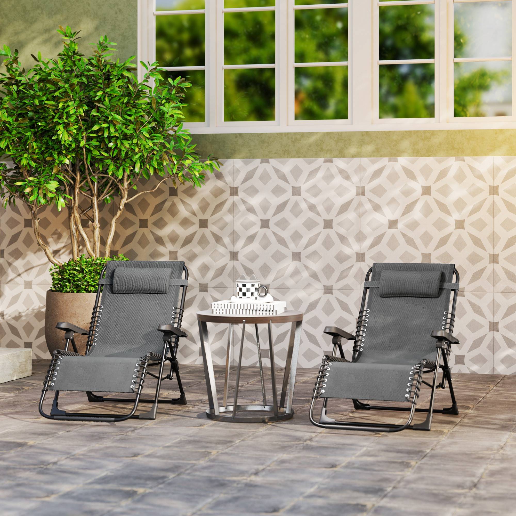Lot de 2 bains de soleil, chaises longues pliables inclinables avec appui-tête textilène, 90 x 65 x 112 cm, gris - Image 10