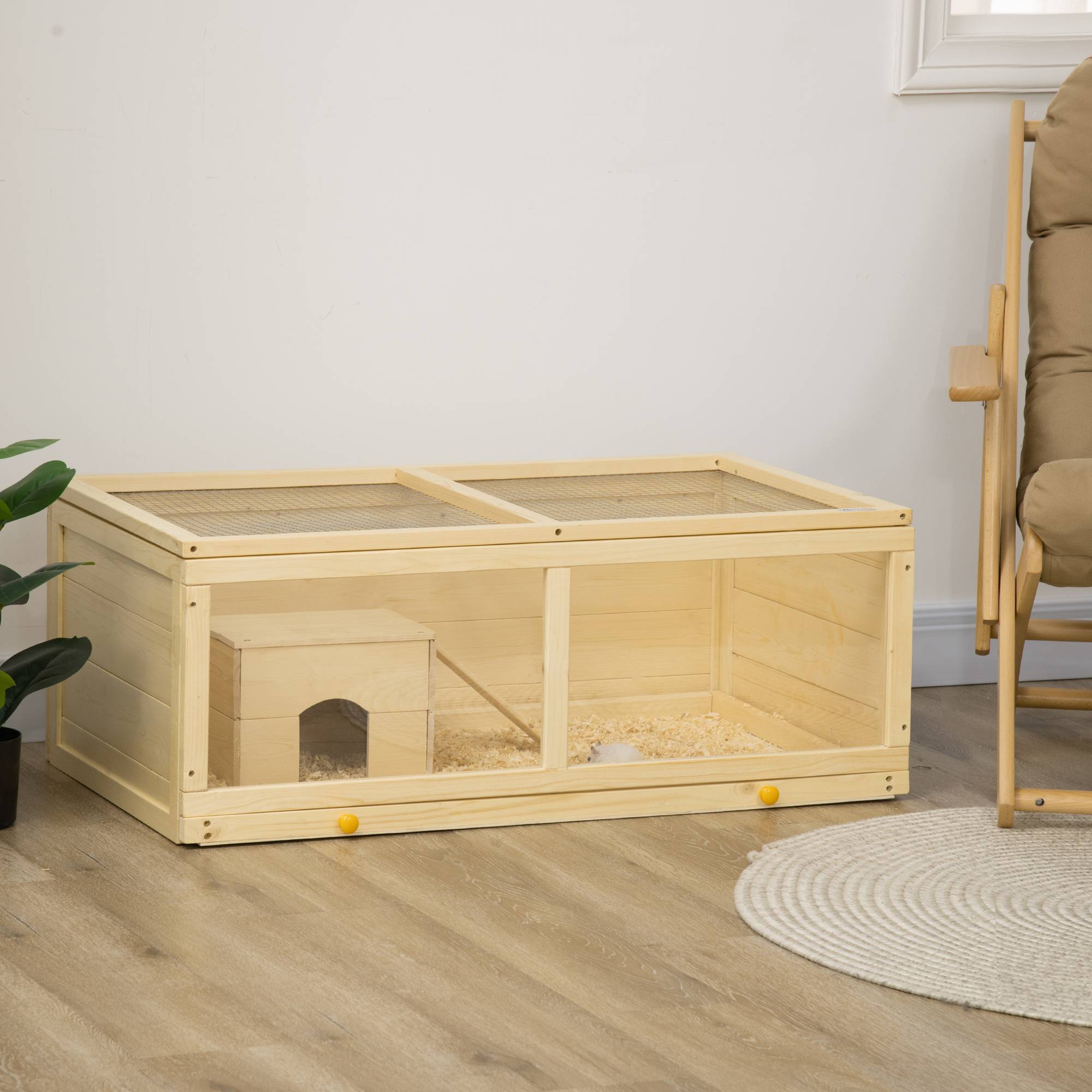 Cage Hamster Bois Naturel Rongeurs Toit Ouvrant Plateau Amovible 100x58x38cm - ComfortXL Outdoor Living - Image 3