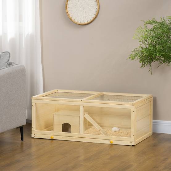 Cage Hamster Bois Naturel Rongeurs Toit Ouvrant Plateau Amovible 100x58x38cm - ComfortXL Outdoor Living - Image 4