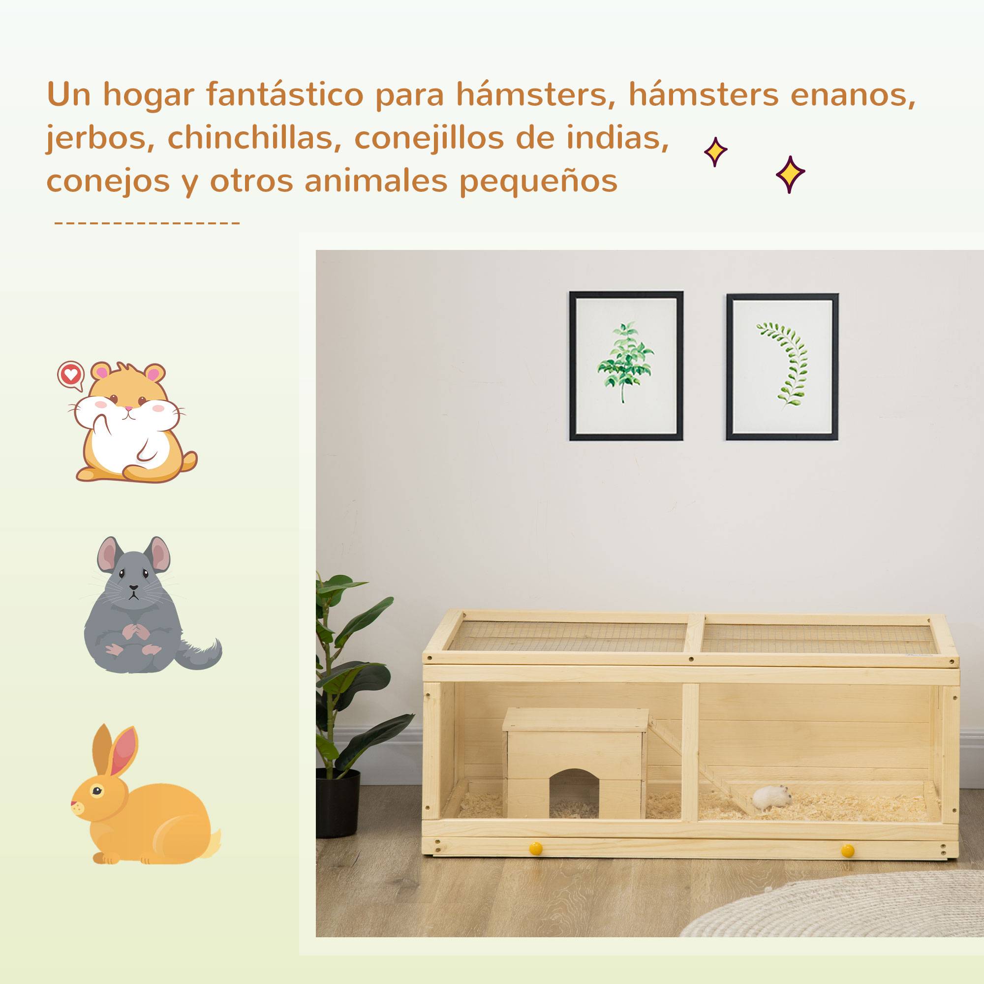 Cage Hamster Bois Naturel Rongeurs Toit Ouvrant Plateau Amovible 100x58x38cm - ComfortXL Outdoor Living - Image 6