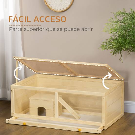 Cage Hamster Bois Naturel Rongeurs Toit Ouvrant Plateau Amovible 100x58x38cm - ComfortXL Outdoor Living - Image 7