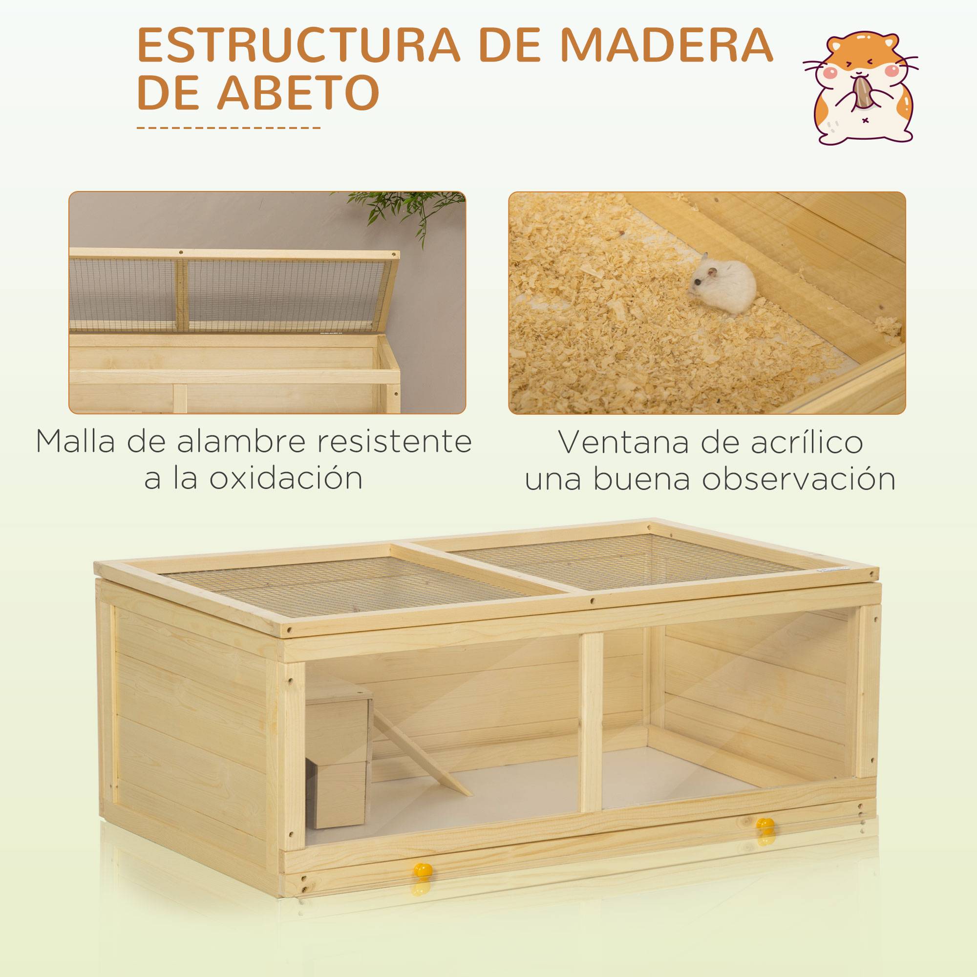 Cage Hamster Bois Naturel Rongeurs Toit Ouvrant Plateau Amovible 100x58x38cm - ComfortXL Outdoor Living - Image 9