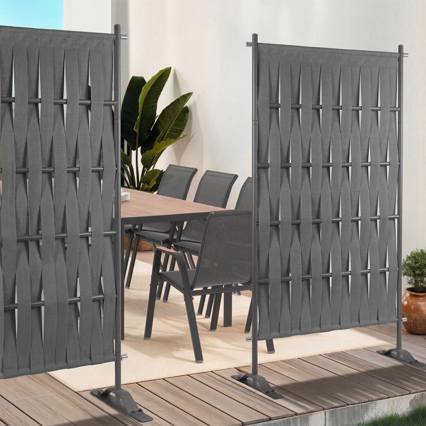 Paravent extérieur claustra décoratif 80 x 150 cm sangles et métal gris anthracite - Image 4