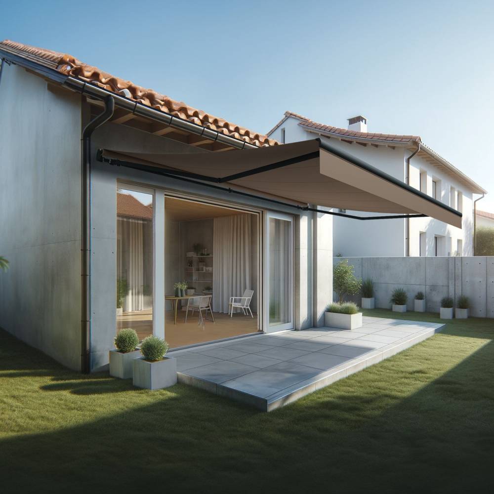 Store banne monobloc ESPAI 6,00x3,50m (Motorisé à interrupteur + manœuvre de secours - Taupe - Gris anthracite) - Alia Productions - Imagen 1