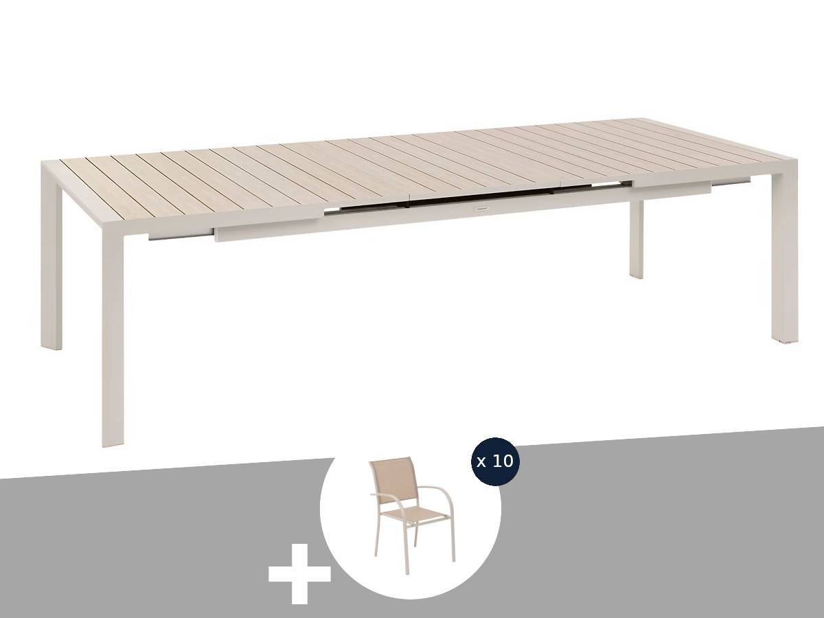 Hesperide - Table de jardin rectangulaire extensible en aluminium Evasion Lin/Argile 8/10 places + 10 fauteuils Piazza - Hespéride - Image 1