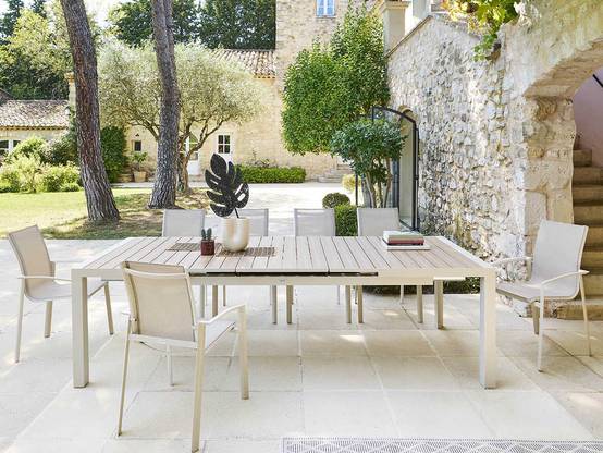 Hesperide - Table de jardin rectangulaire extensible en aluminium Evasion Lin/Argile 8/10 places + 10 fauteuils Piazza - Hespéride - Image 2