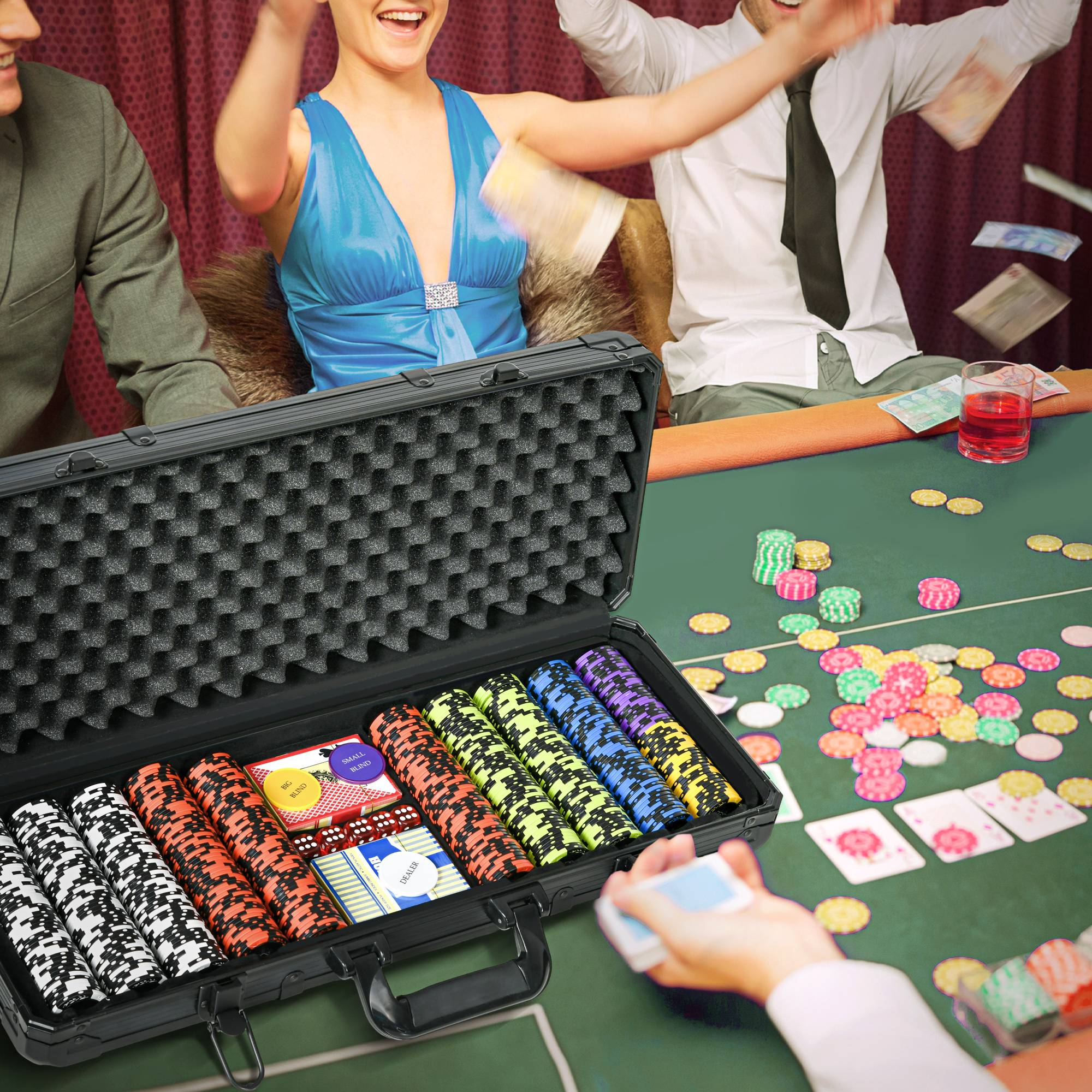 Mallette de Poker Coffret de Poker Complet, avec 500 jetons 5 dés 2 Jeux de Cartes 3 boutons - Image 3