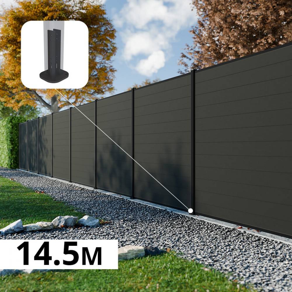 Decklinea - Kit Clôture Composite RIO Anthracite 14,5x1,8m - Bois composite & Aluminium - Poteaux sur Platines Noir - Brise vue - Palissade - Image 1