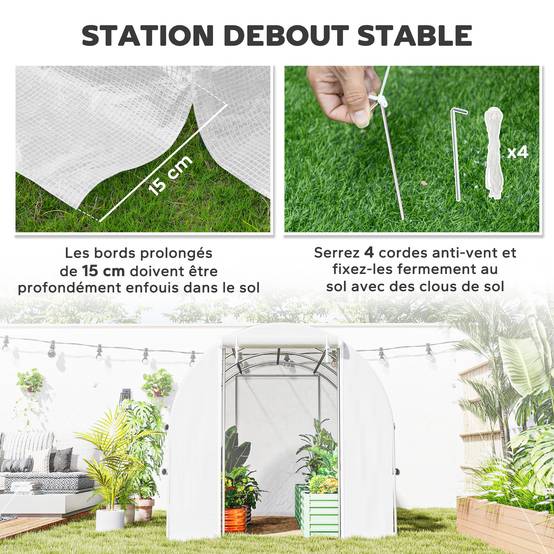 Serre de jardin tunnel serre tunnel 6 m² avec 6 fenêtres porte enroulable toile PE structure en acier galvanisé blanc - Image 8