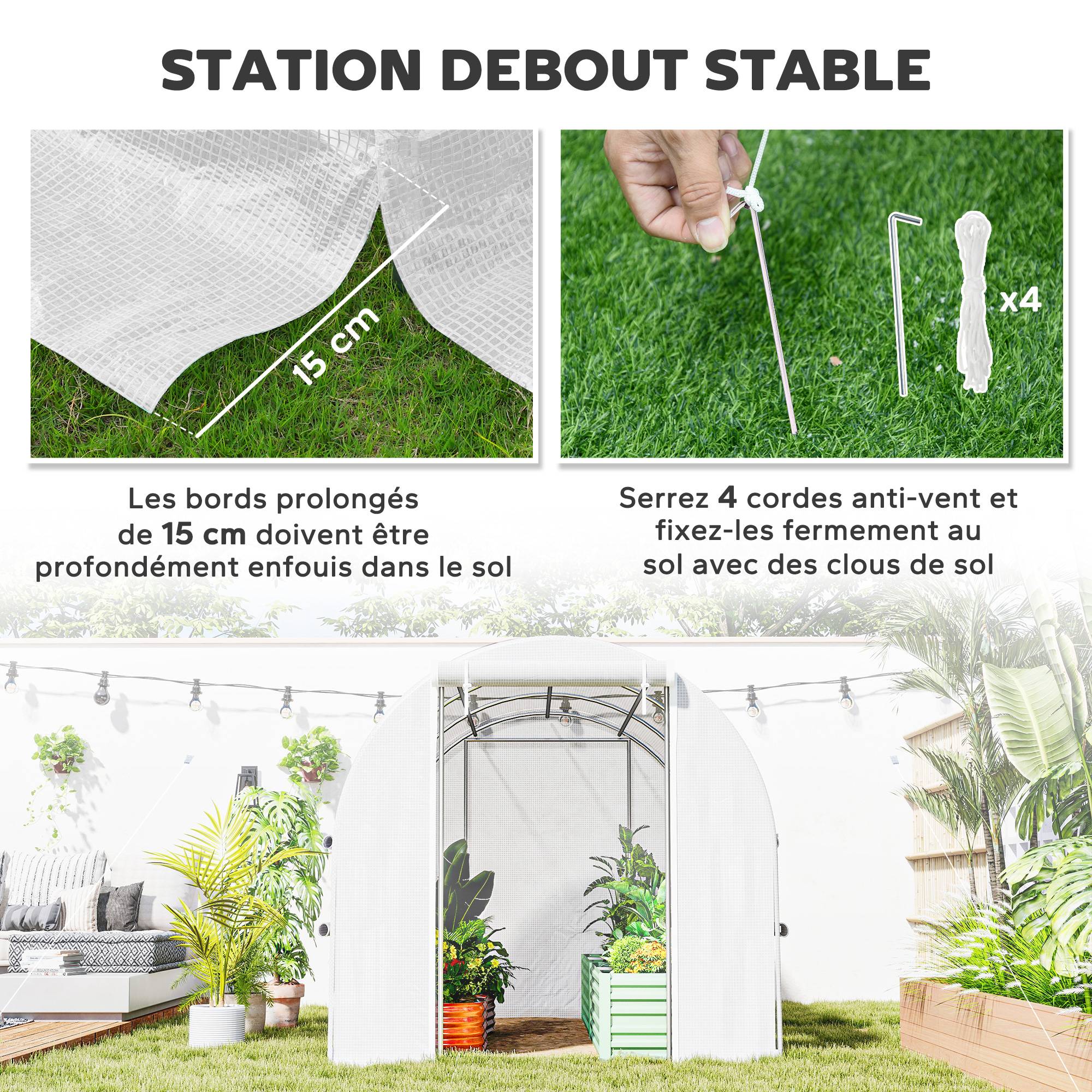 Serre de jardin tunnel serre tunnel 6 m² avec 6 fenêtres porte enroulable toile PE structure en acier galvanisé blanc - Image 8