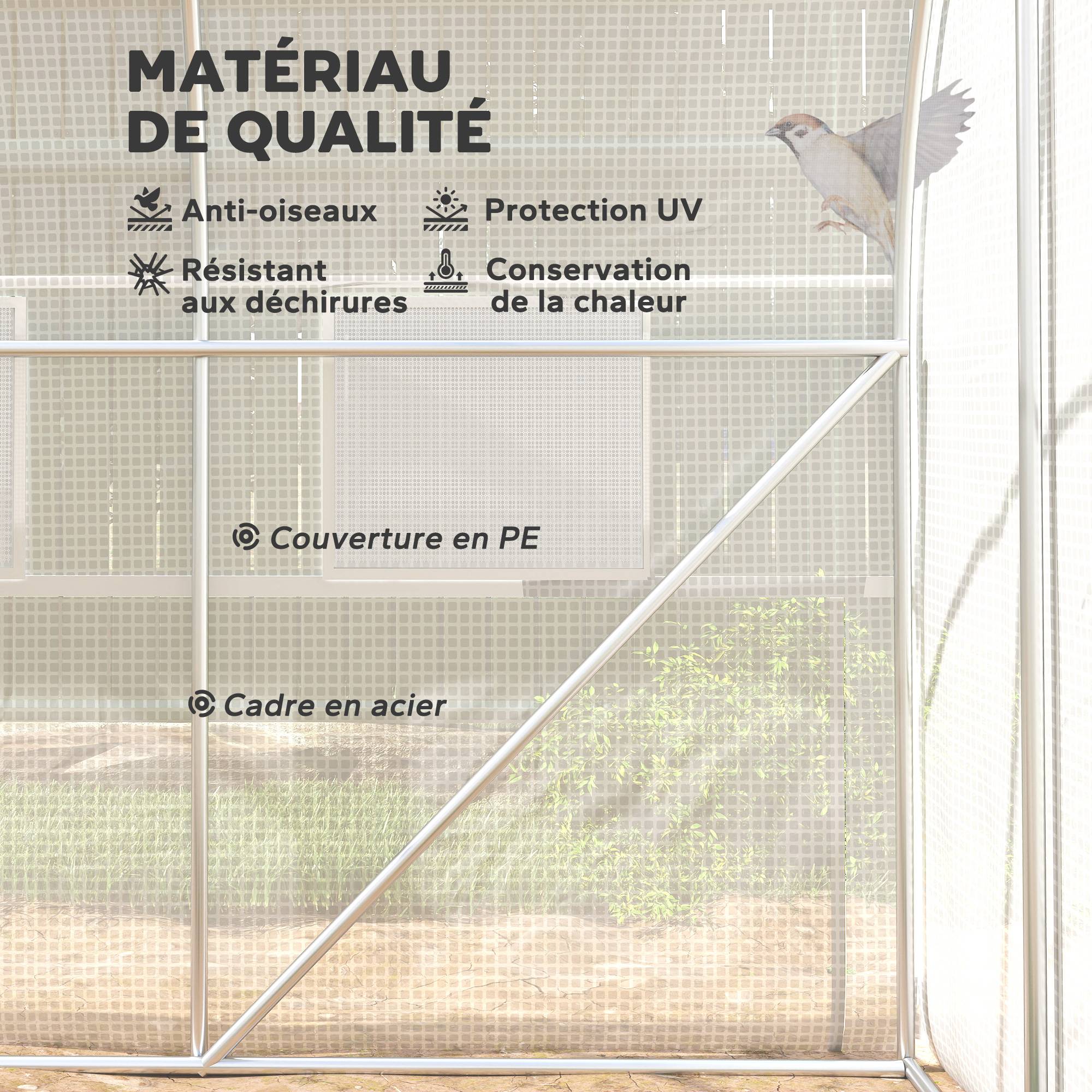 Serre de jardin tunnel serre tunnel 6 m² avec 6 fenêtres porte enroulable toile PE structure en acier galvanisé blanc - Image 7