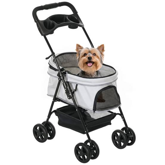Poussette pour petit chien à 4 roues, frein, panier, capote, sangles de sécurité et fenêtres, 67 x 45 x 96 cm, gris clair - Image 1
