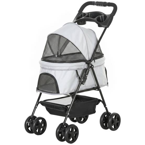 Poussette pour petit chien à 4 roues, frein, panier, capote, sangles de sécurité et fenêtres, 67 x 45 x 96 cm, gris clair - Image 2