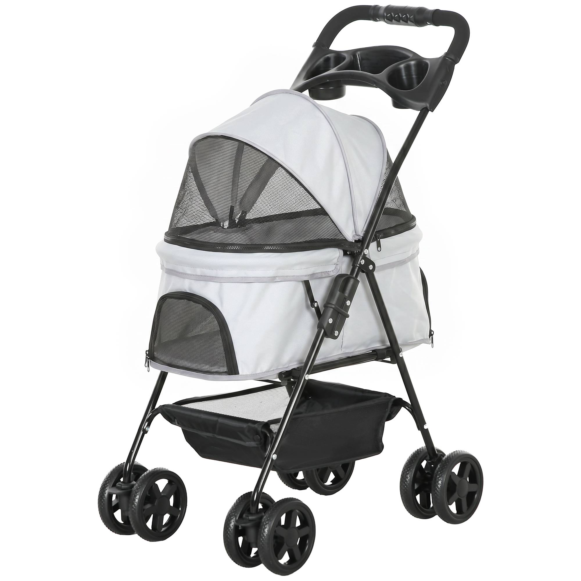 Poussette pour petit chien à 4 roues, frein, panier, capote, sangles de sécurité et fenêtres, 67 x 45 x 96 cm, gris clair - Image 2