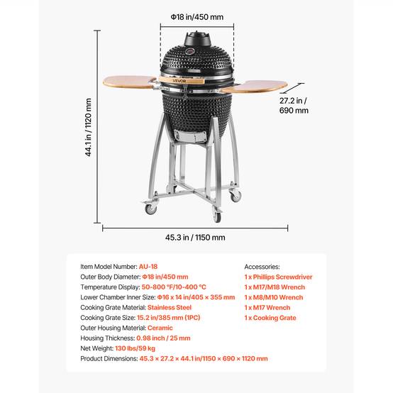 Vevor - Vevor Barbecue Kamado À Charbon Fumoir À Charbon Céramique Mobile 45 Cm 4 Roues - Image 6