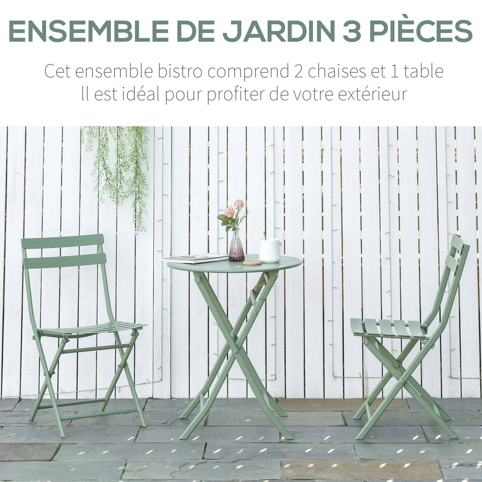 Outsunny - Ensemble table bistrot avec 2 chaises pliantes Ø60cm salon jardin 2p métal thermolaqué vert - Outsunny - Image 6